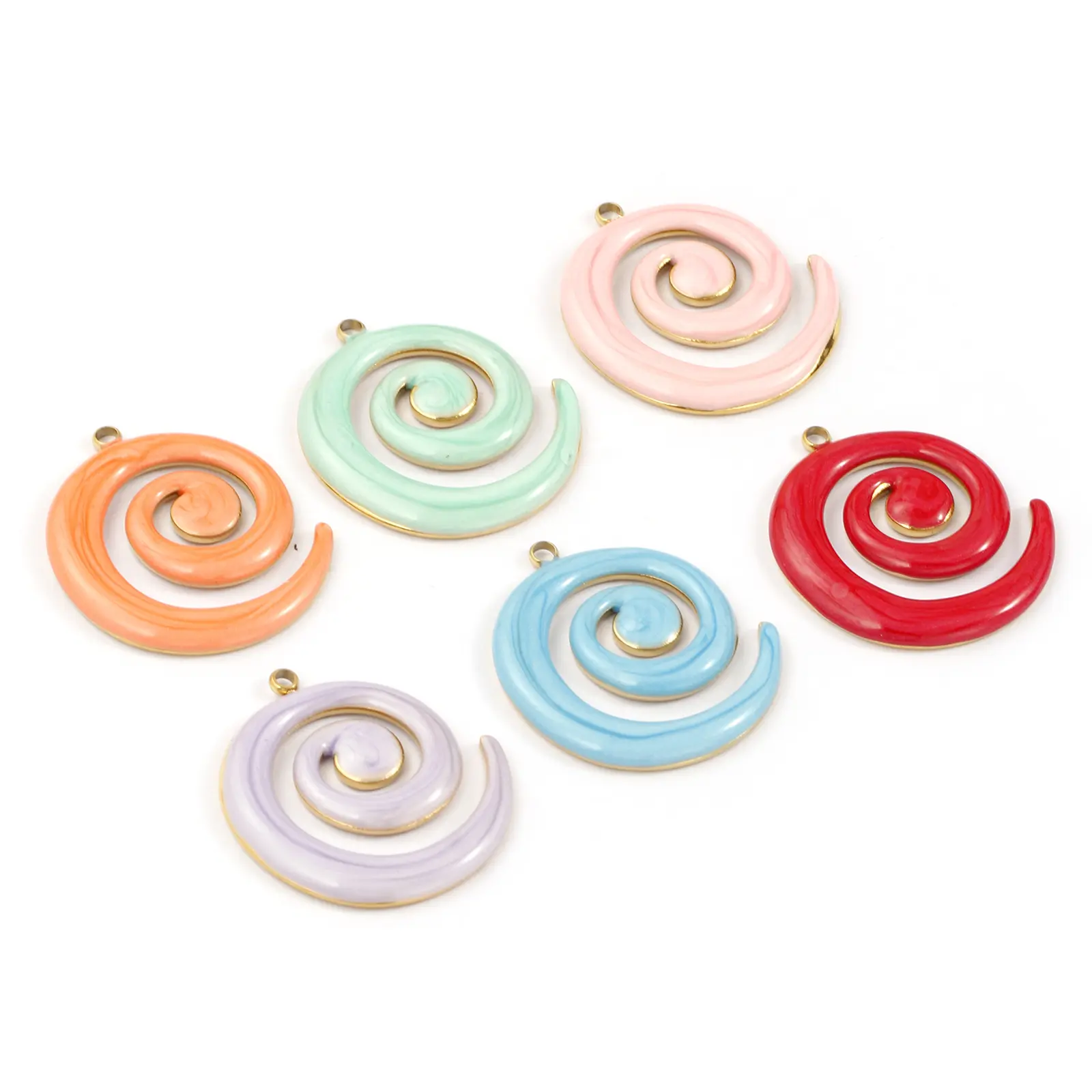 2 PCs 304 Stainless Steel Pendants 18K Gold Plated Enamel Spiral Pearlized Charms For DIY Necklace Jewelry Making 3cm x 2.7cm
