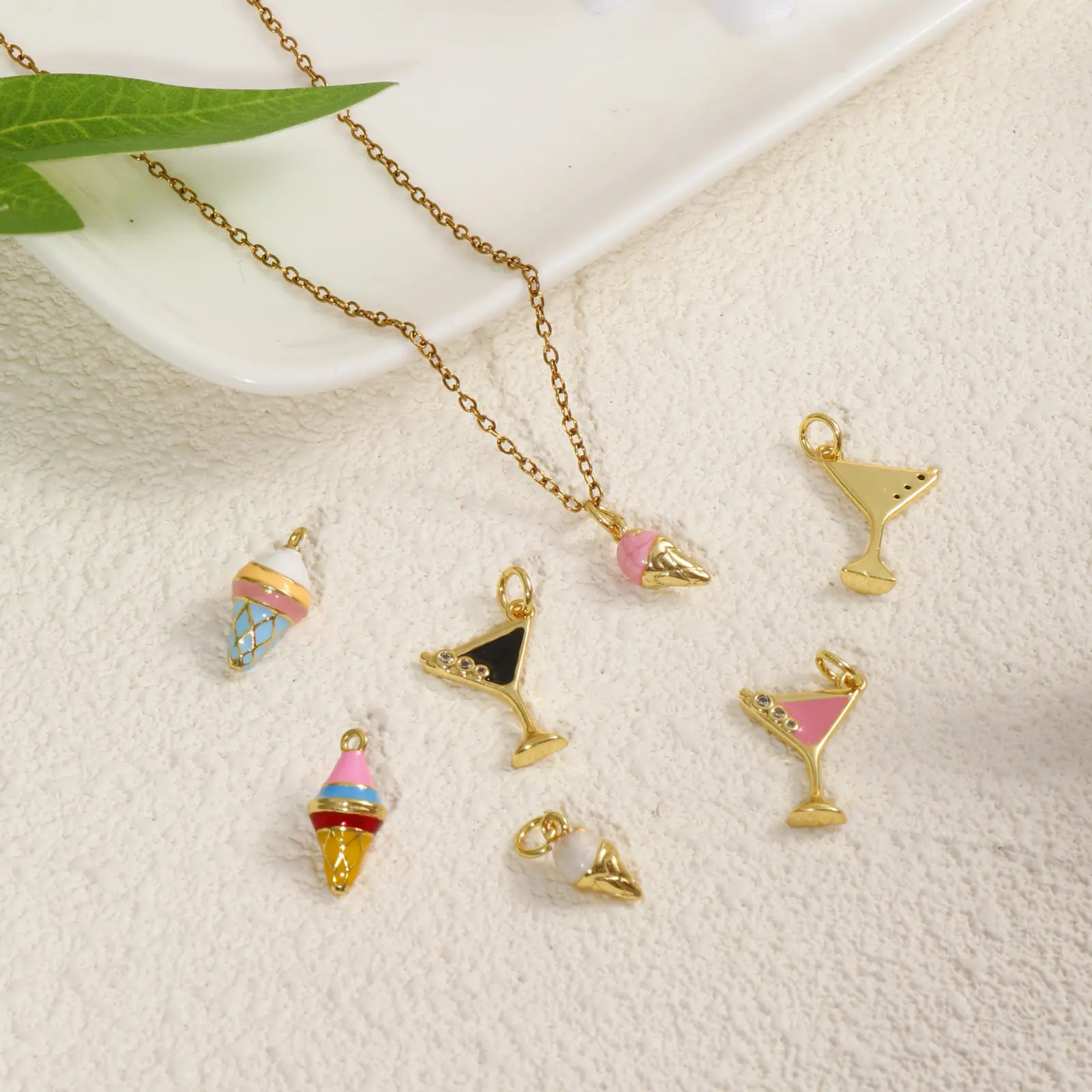 2 Piece Brass Charms 18K Gold Plated Multicolor Enamel Wine Glass Ice cream Pendants For DIY Necklace Bracelet Jewelry Making