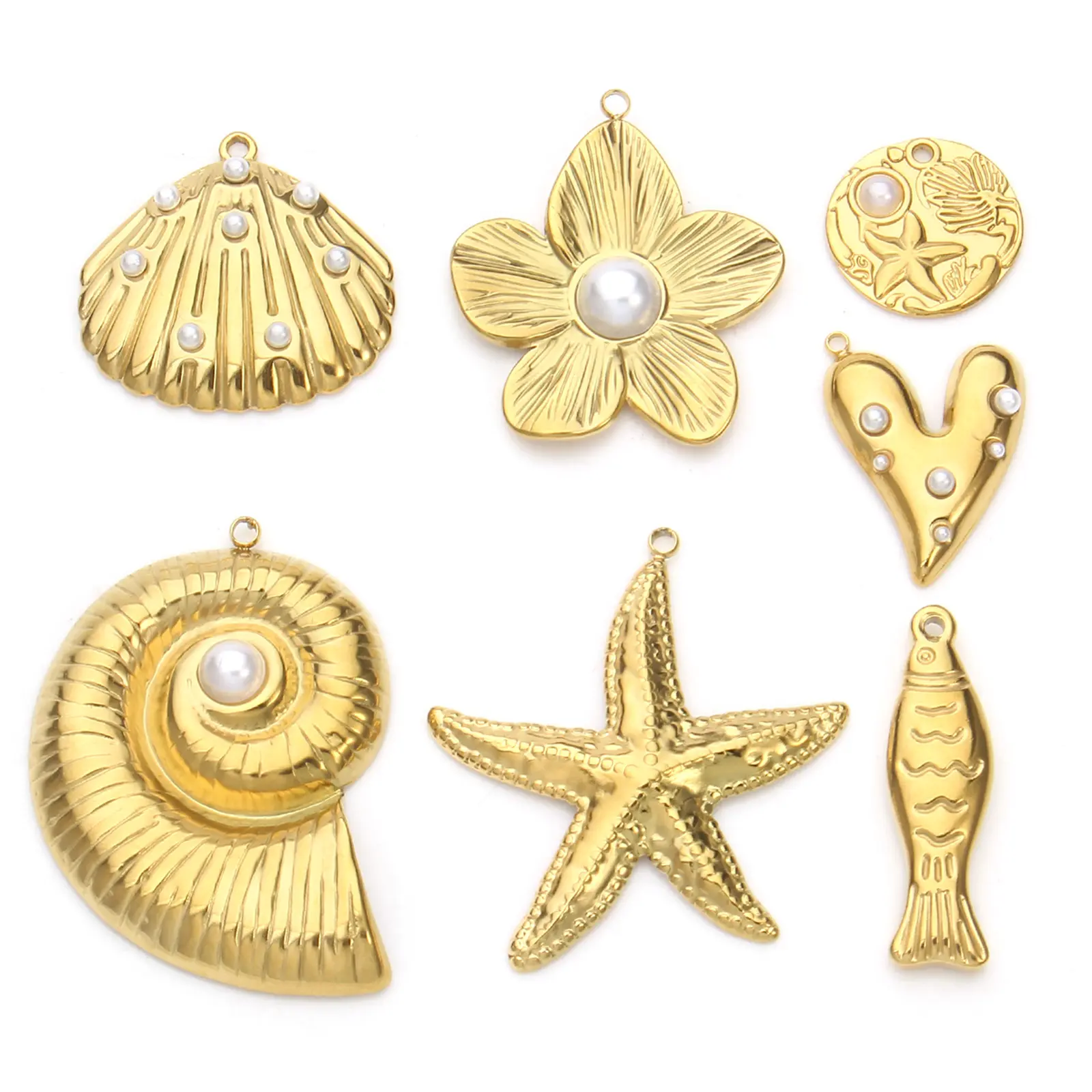 2 PCs 304 Stainless Steel Pendants 18K Real Gold Plated Ocean Shell Fish Acrylic Imitation Pearl Chamrs For DIY Necklace Jewelry