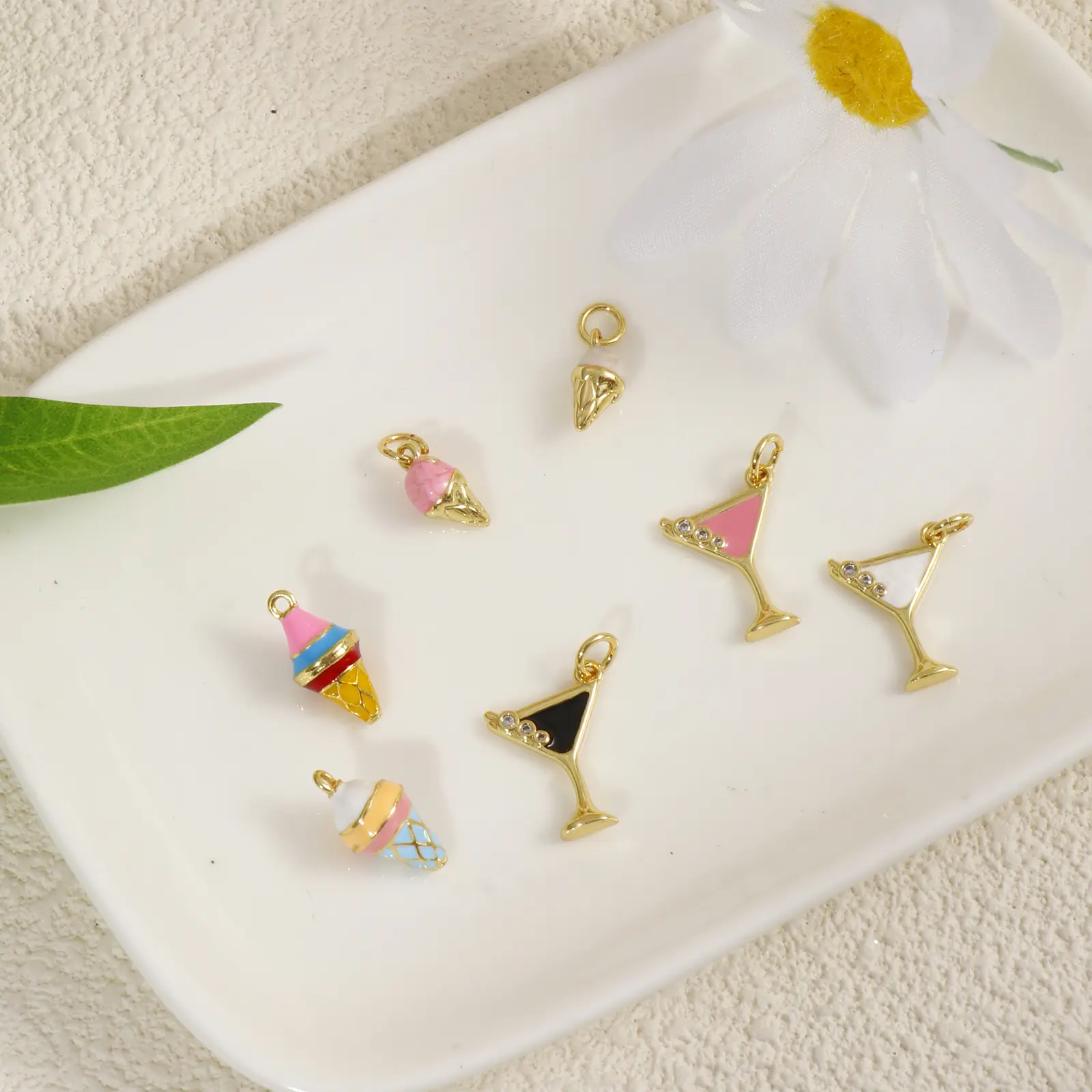 2 Piece Brass Charms 18K Gold Plated Multicolor Enamel Wine Glass Ice cream Pendants For DIY Necklace Bracelet Jewelry Making