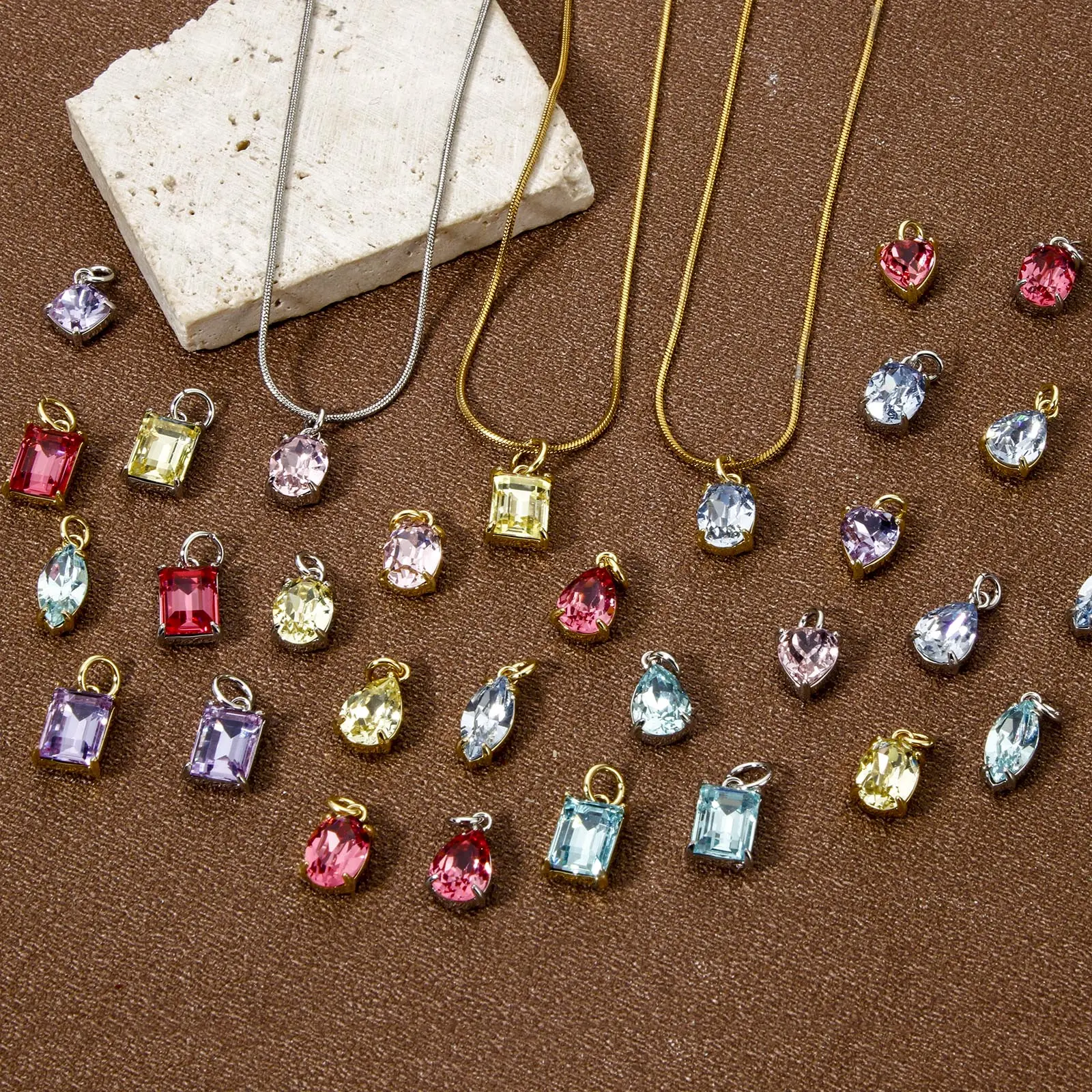 2 Piece Brass & Glass Geometric Charms Plated Water Drop Heart Olivary Multicolor Pendants For Necklace Bracelet Jewelry Making