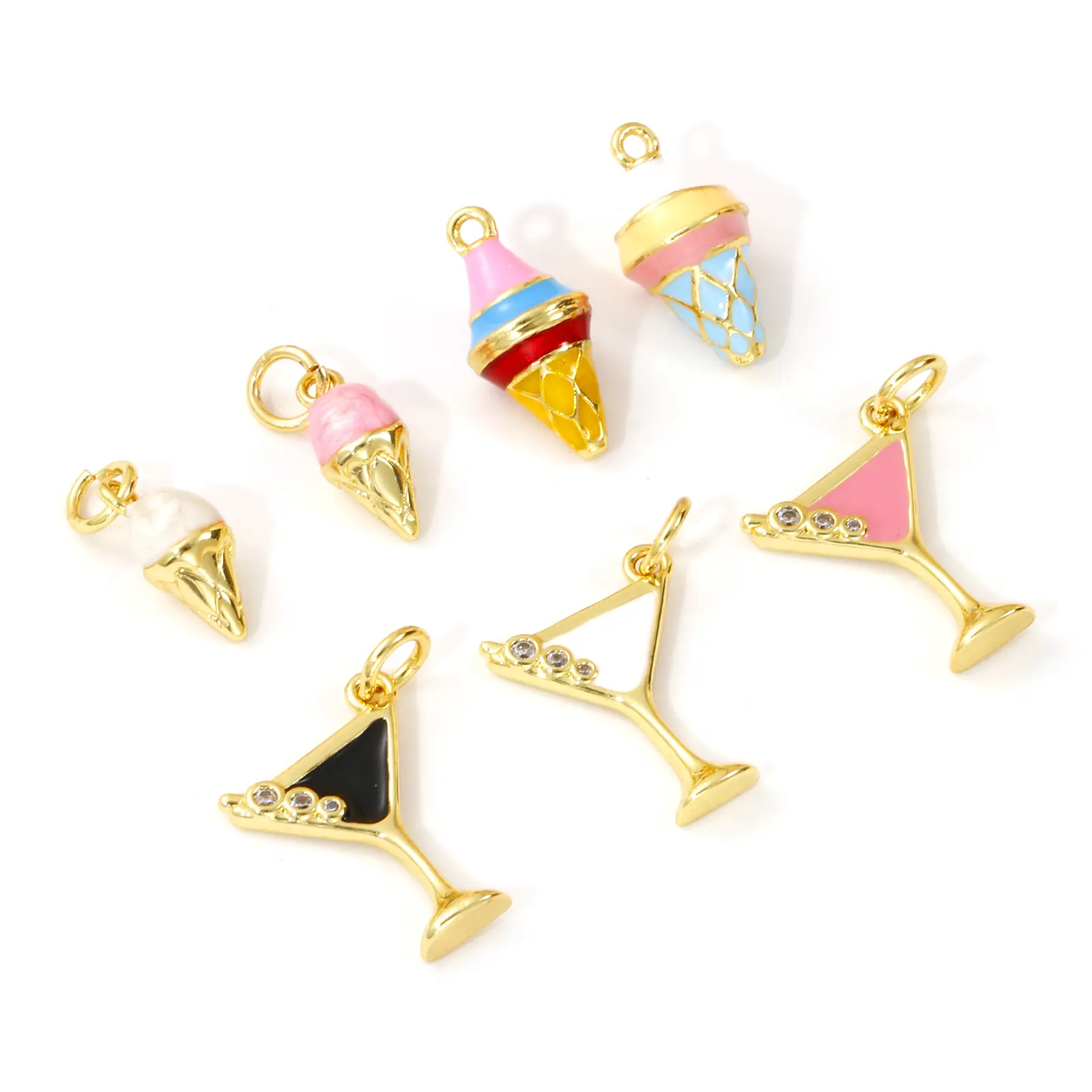 2 Piece Brass Charms 18K Gold Plated Multicolor Enamel Wine Glass Ice cream Pendants For DIY Necklace Bracelet Jewelry Making