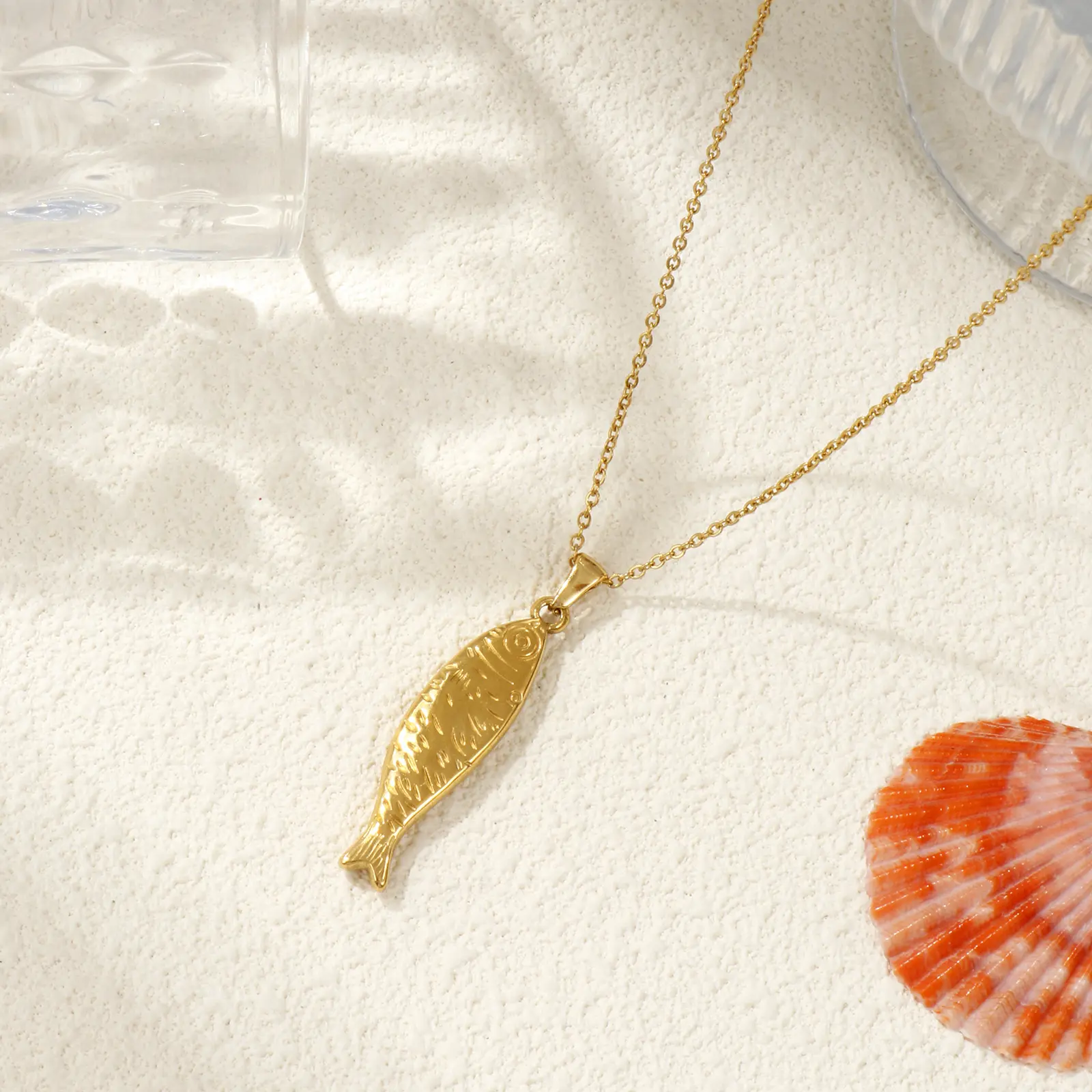 304 Stainless Steel Necklace 18K Gold Plated Link Cable Chain Fish Pendant Charm 45cm+ 5cm For Women Ocean Jewelry Gift 1 Piece