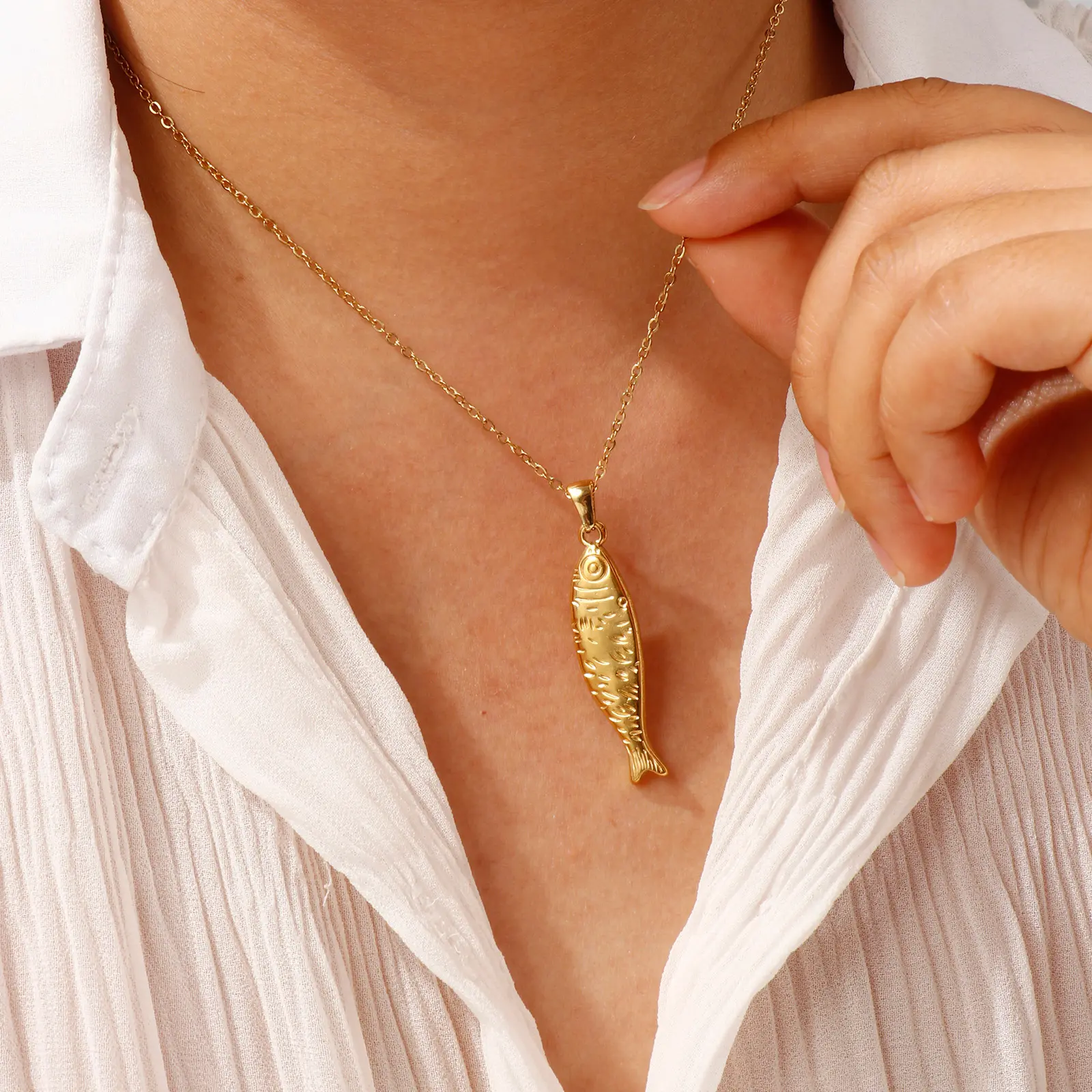 304 Stainless Steel Necklace 18K Gold Plated Link Cable Chain Fish Pendant Charm 45cm+ 5cm For Women Ocean Jewelry Gift 1 Piece