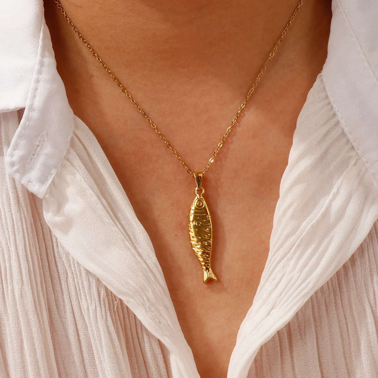 304 Stainless Steel Necklace 18K Gold Plated Link Cable Chain Fish Pendant Charm 45cm+ 5cm For Women Ocean Jewelry Gift 1 Piece