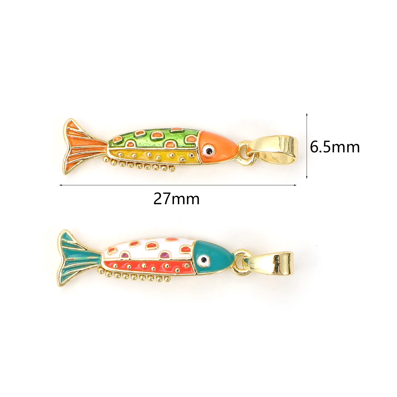 2 PCs Brass Ocean Jewelry Charm Pendant 18K Gold Plated Multicolor Enamel Fish Pendant For DIY Necklace Making 27mm x 6.5mm