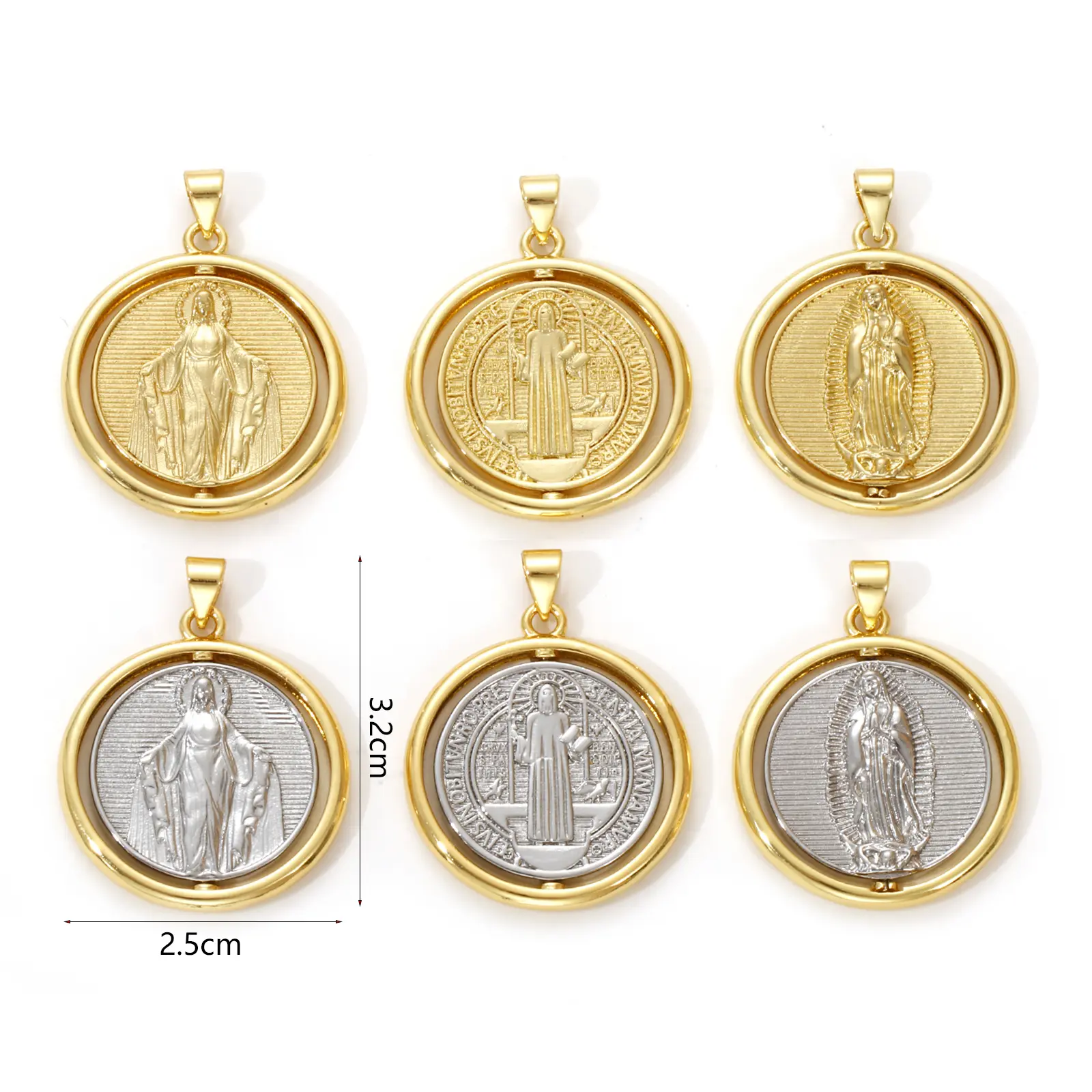 1 Piece Brass Religious Pendants Gold Plated Round St. Benedict Medal Rotatable Charm For DIY Necklace Jewelry 3.2cm x 2.5cm