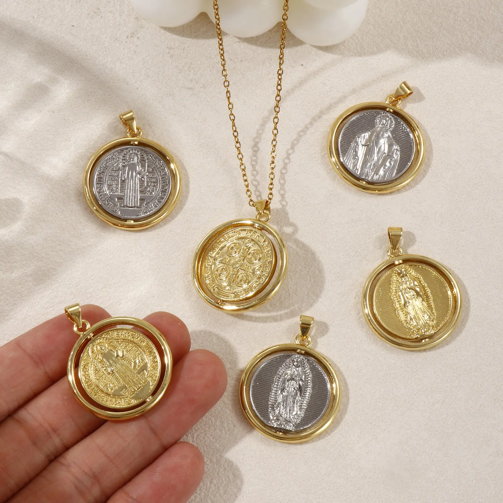 1 Piece Brass Religious Pendants Gold Plated Round St. Benedict Medal Rotatable Charm For DIY Necklace Jewelry 3.2cm x 2.5cm