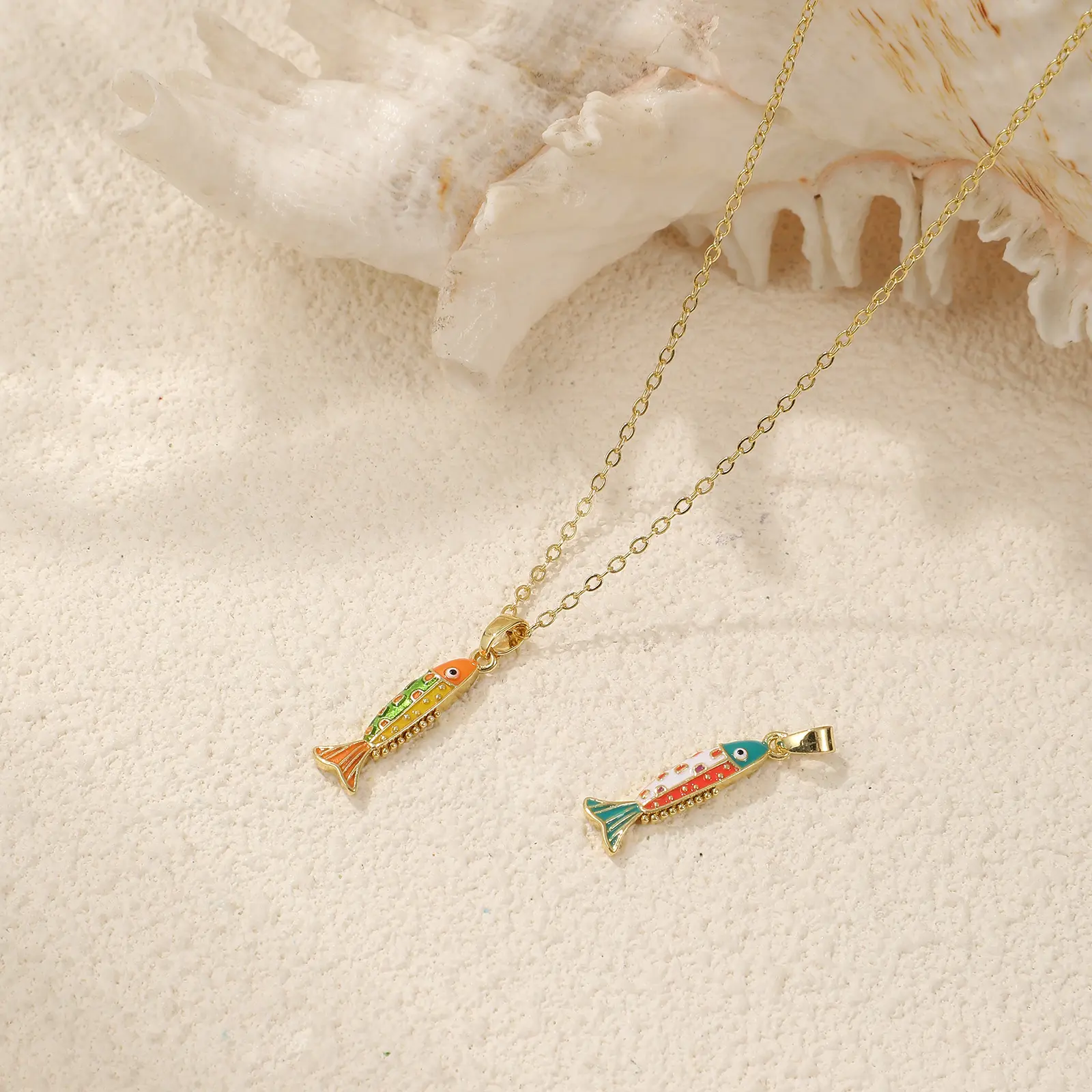 2 PCs Brass Ocean Jewelry Charm Pendant 18K Gold Plated Multicolor Enamel Fish Pendant For DIY Necklace Making 27mm x 6.5mm