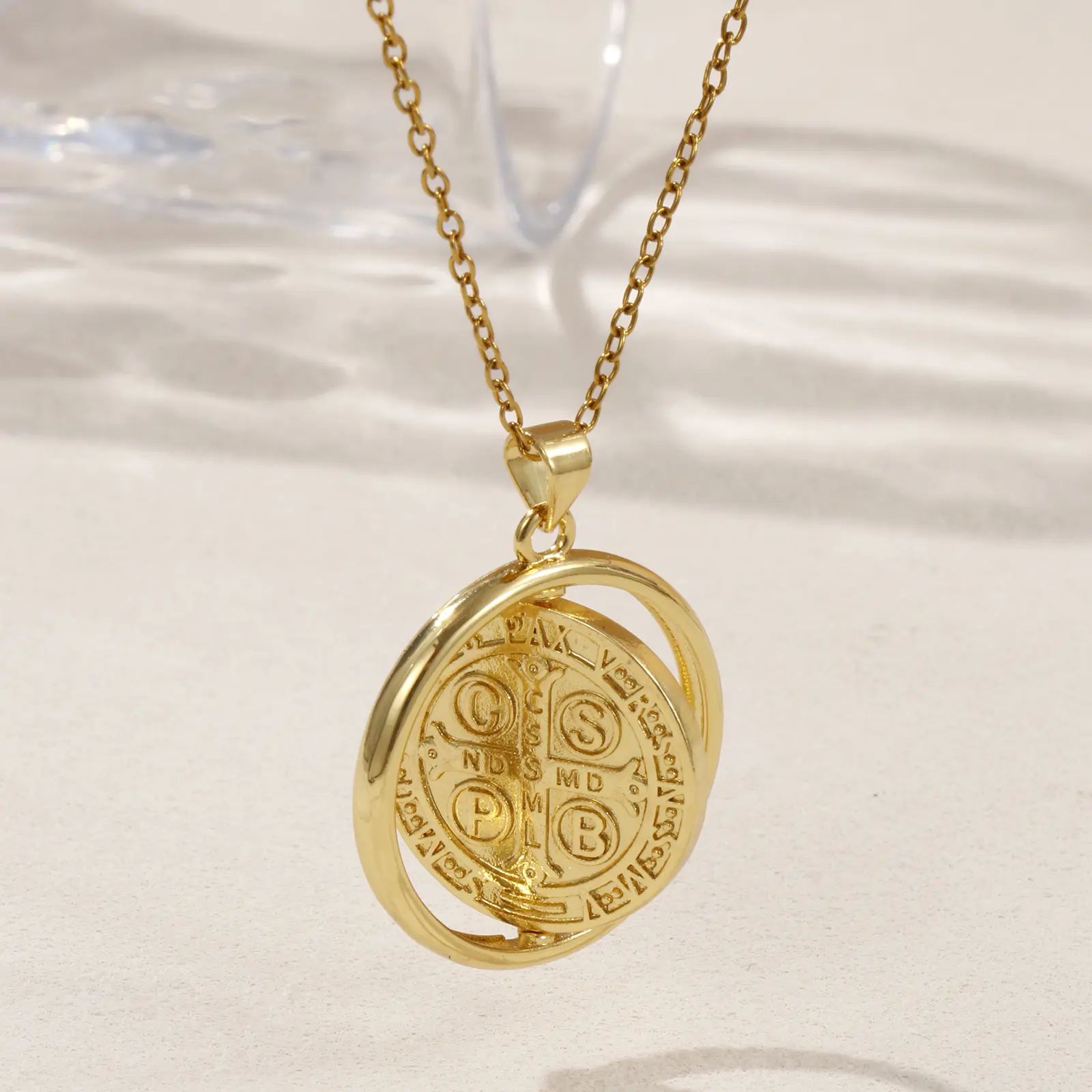 1 Piece Brass Religious Pendants Gold Plated Round St. Benedict Medal Rotatable Charm For DIY Necklace Jewelry 3.2cm x 2.5cm