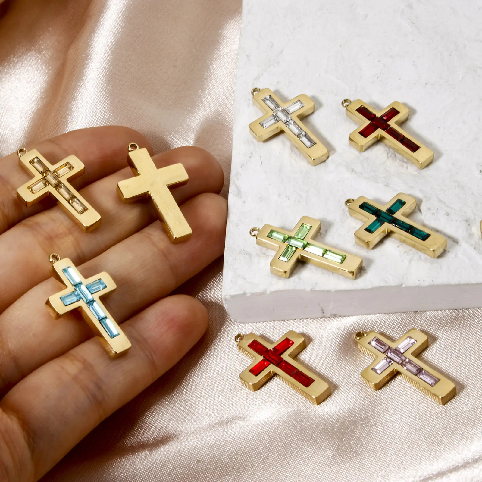1 Piece Birthstone Cross Earrings Charms 14K Real Gold Plated Stainless Steel Pendant For Necklace DIY Findings 25mm x 15mm
