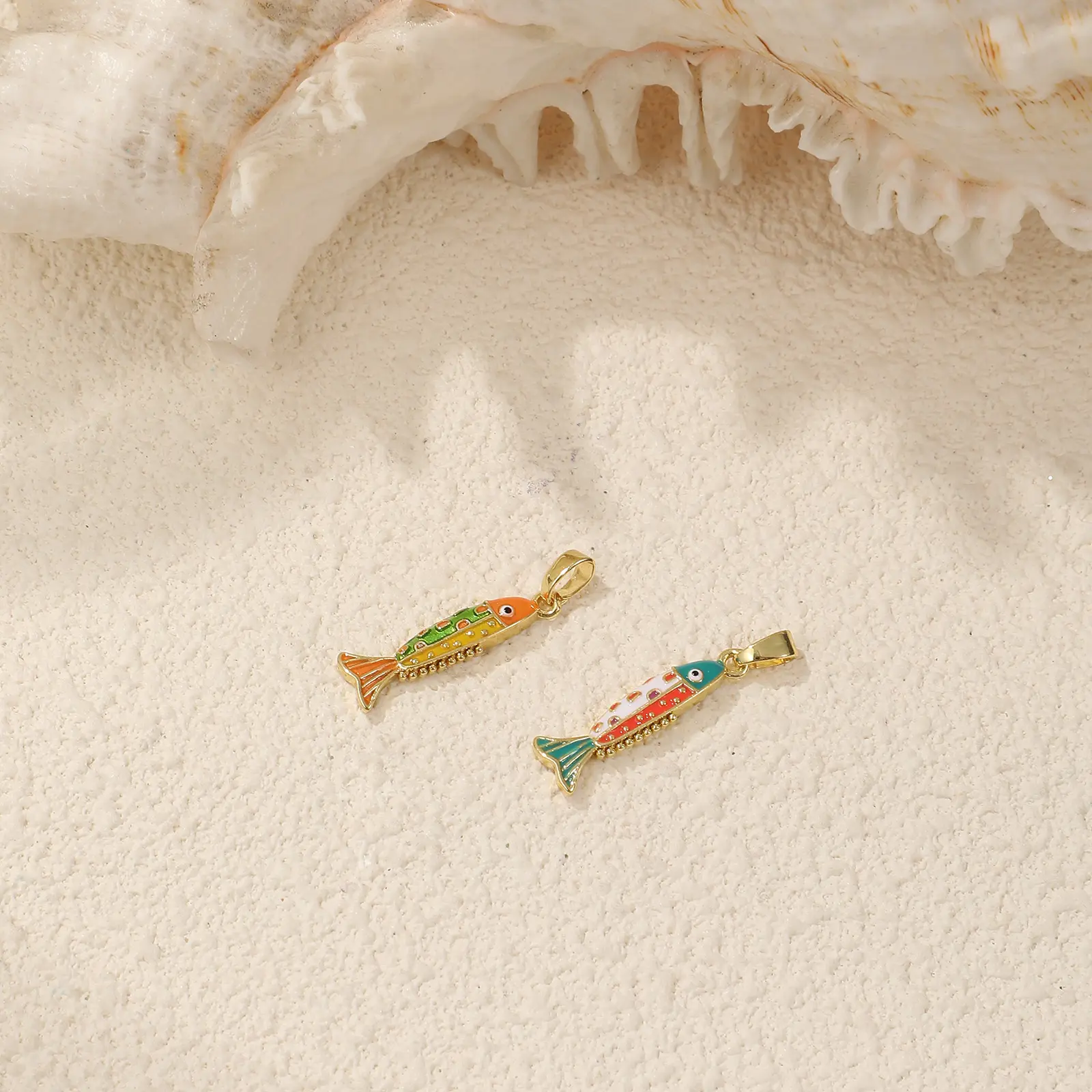 2 PCs Brass Ocean Jewelry Charm Pendant 18K Gold Plated Multicolor Enamel Fish Pendant For DIY Necklace Making 27mm x 6.5mm