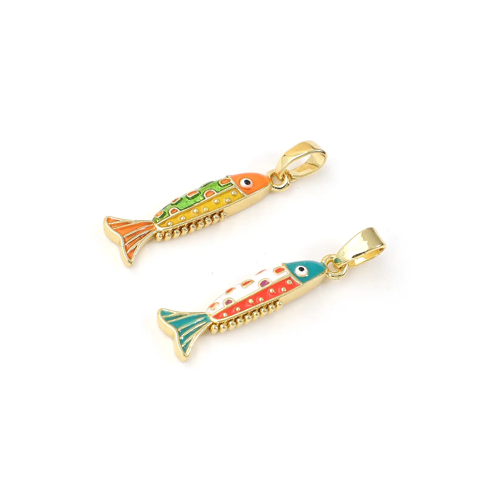 2 PCs Brass Ocean Jewelry Charm Pendant 18K Gold Plated Multicolor Enamel Fish Pendant For DIY Necklace Making 27mm x 6.5mm