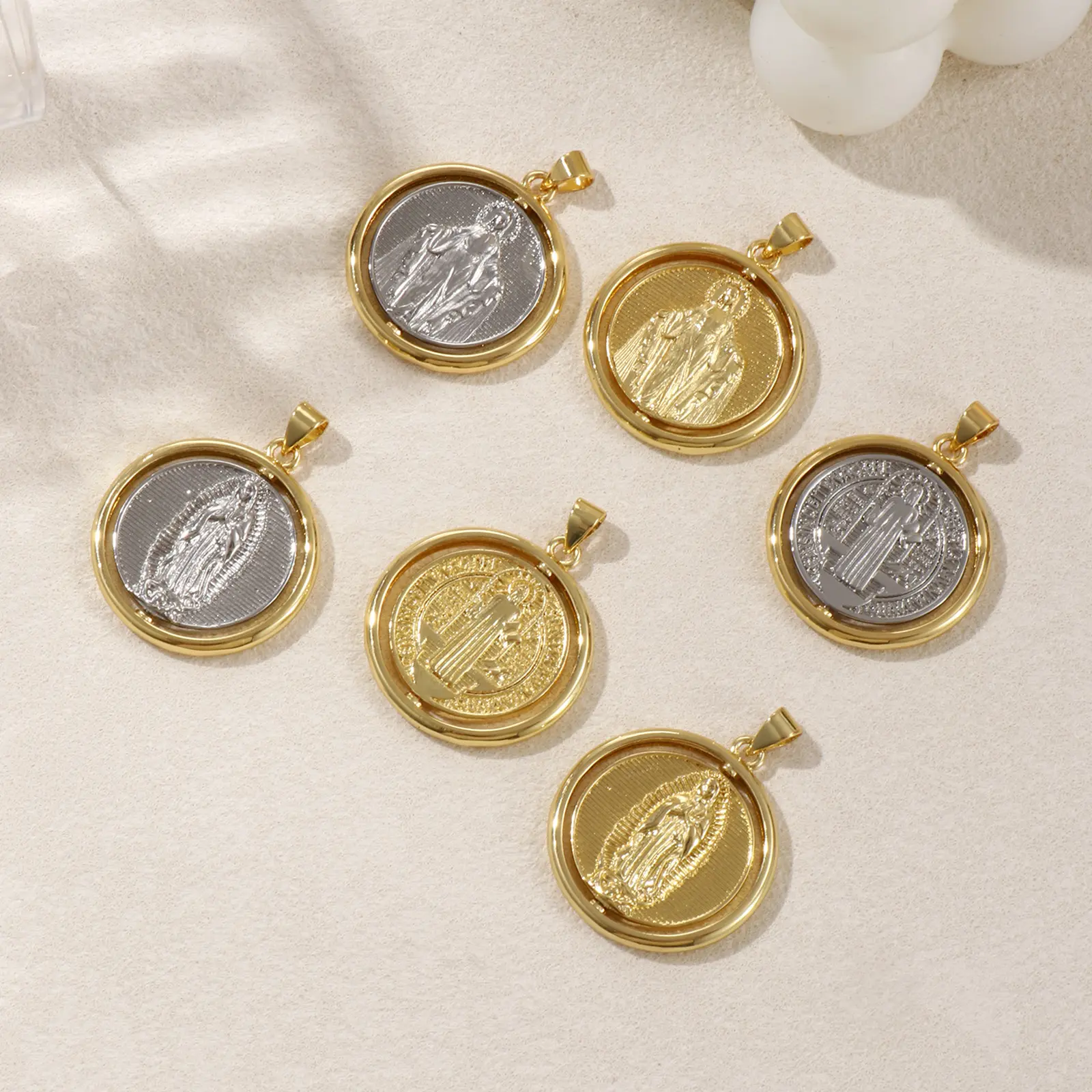 1 Piece Brass Religious Pendants Gold Plated Round St. Benedict Medal Rotatable Charm For DIY Necklace Jewelry 3.2cm x 2.5cm