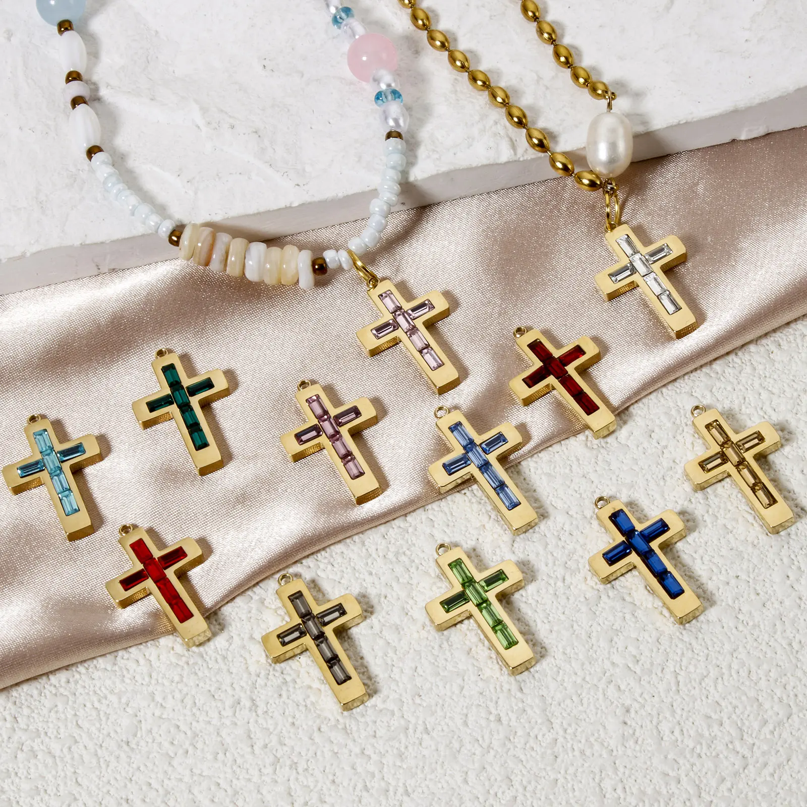 1 Piece Birthstone Cross Earrings Charms 14K Real Gold Plated Stainless Steel Pendant For Necklace DIY Findings 25mm x 15mm