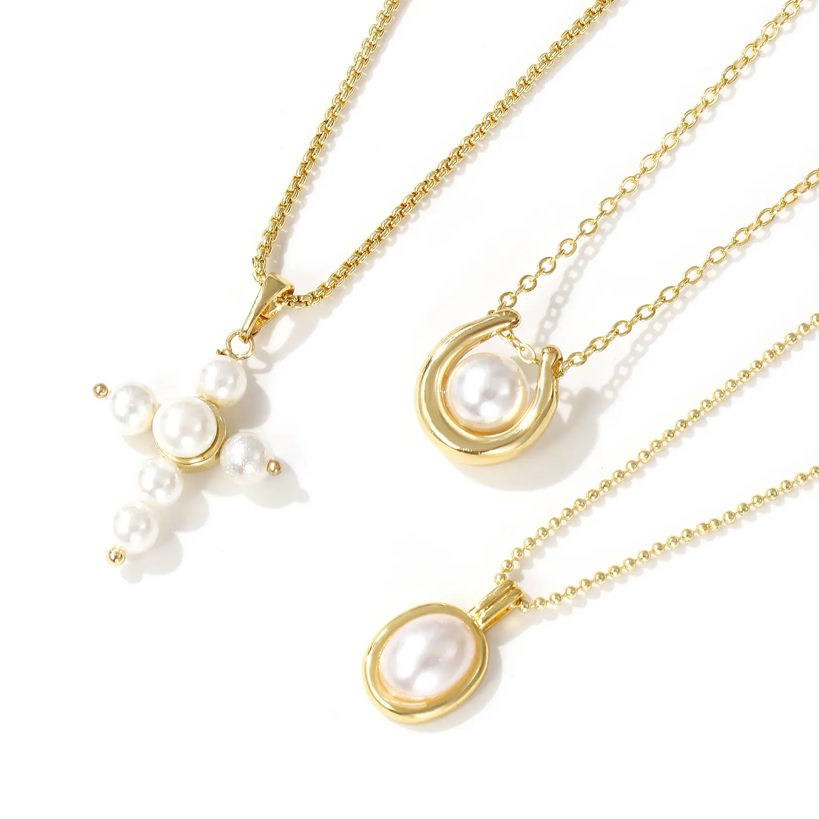 1 Piece Dainty Necklace 18K Gold Plated Pendant Charm Necklace Brass Imitation pearl Cross For Women Dainty Gift  45cm+5cm long