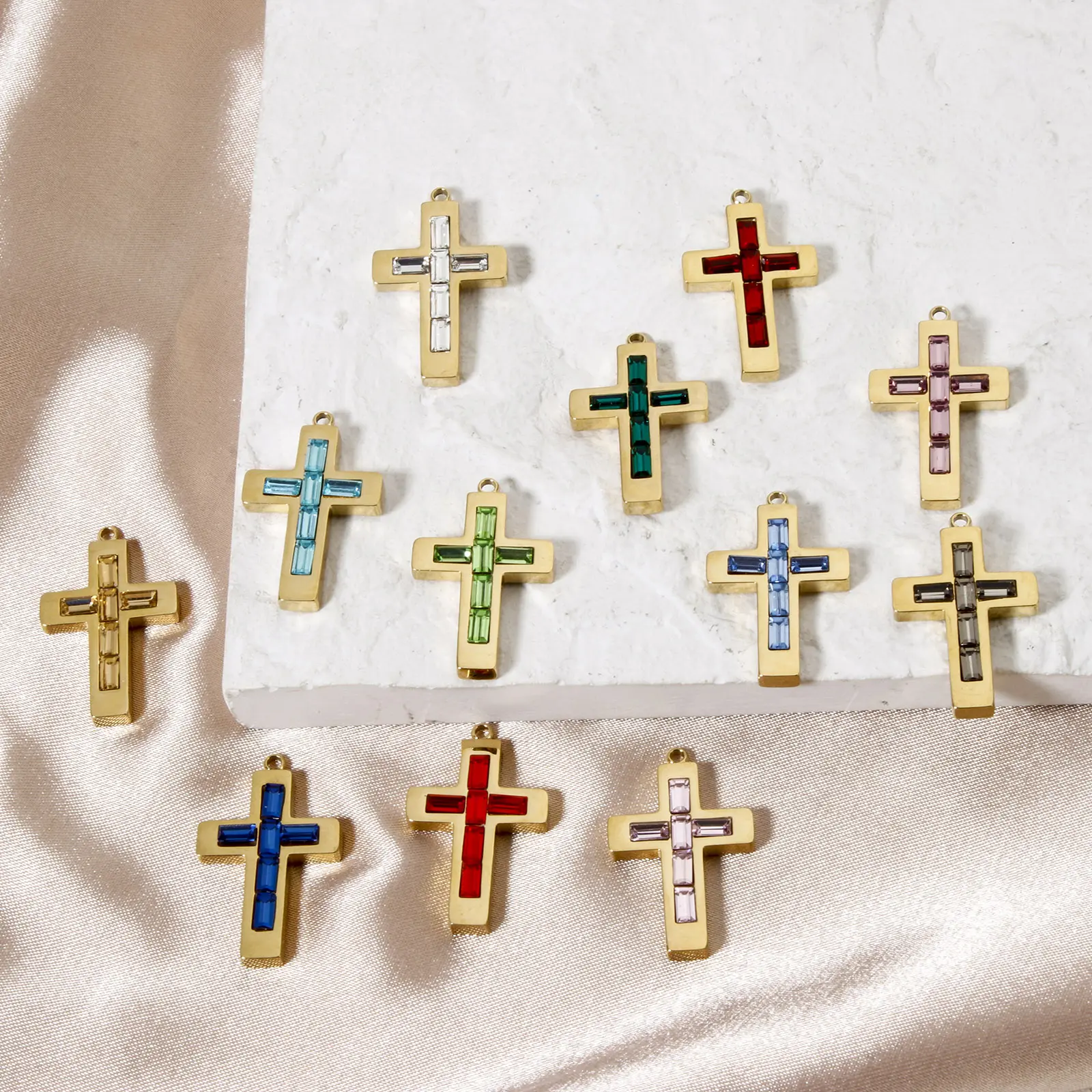 1 Piece Birthstone Cross Earrings Charms 14K Real Gold Plated Stainless Steel Pendant For Necklace DIY Findings 25mm x 15mm