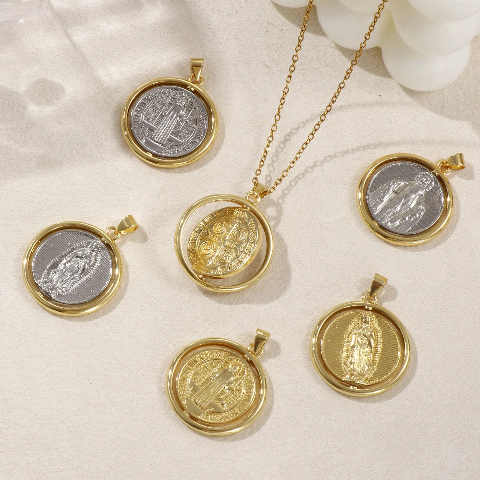 1 Piece Brass Religious Pendants Gold Plated Round St. Benedict Medal Rotatable Charm For DIY Necklace Jewelry 3.2cm x 2.5cm