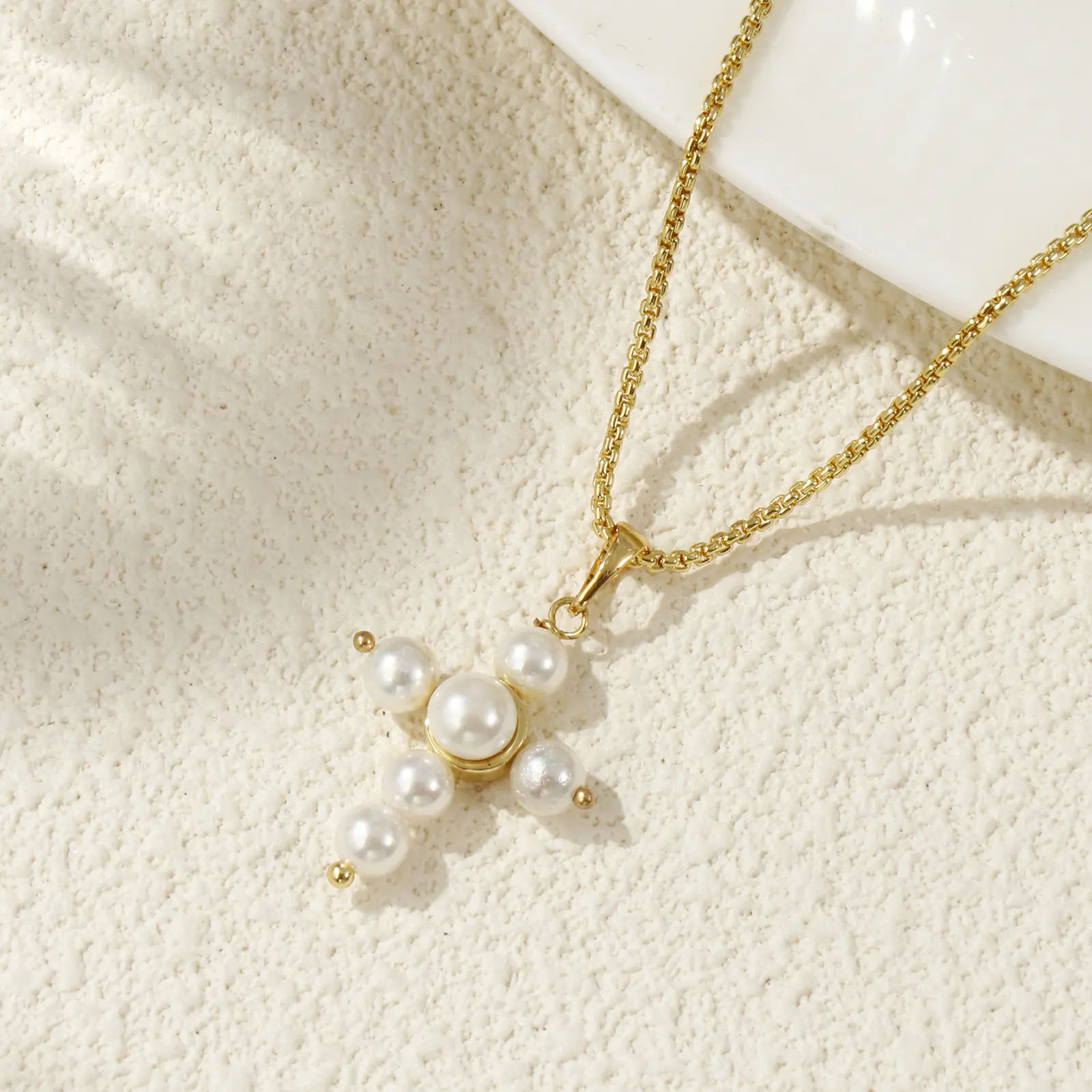 1 Piece Dainty Necklace 18K Gold Plated Pendant Charm Necklace Brass Imitation pearl Cross For Women Dainty Gift  45cm+5cm long