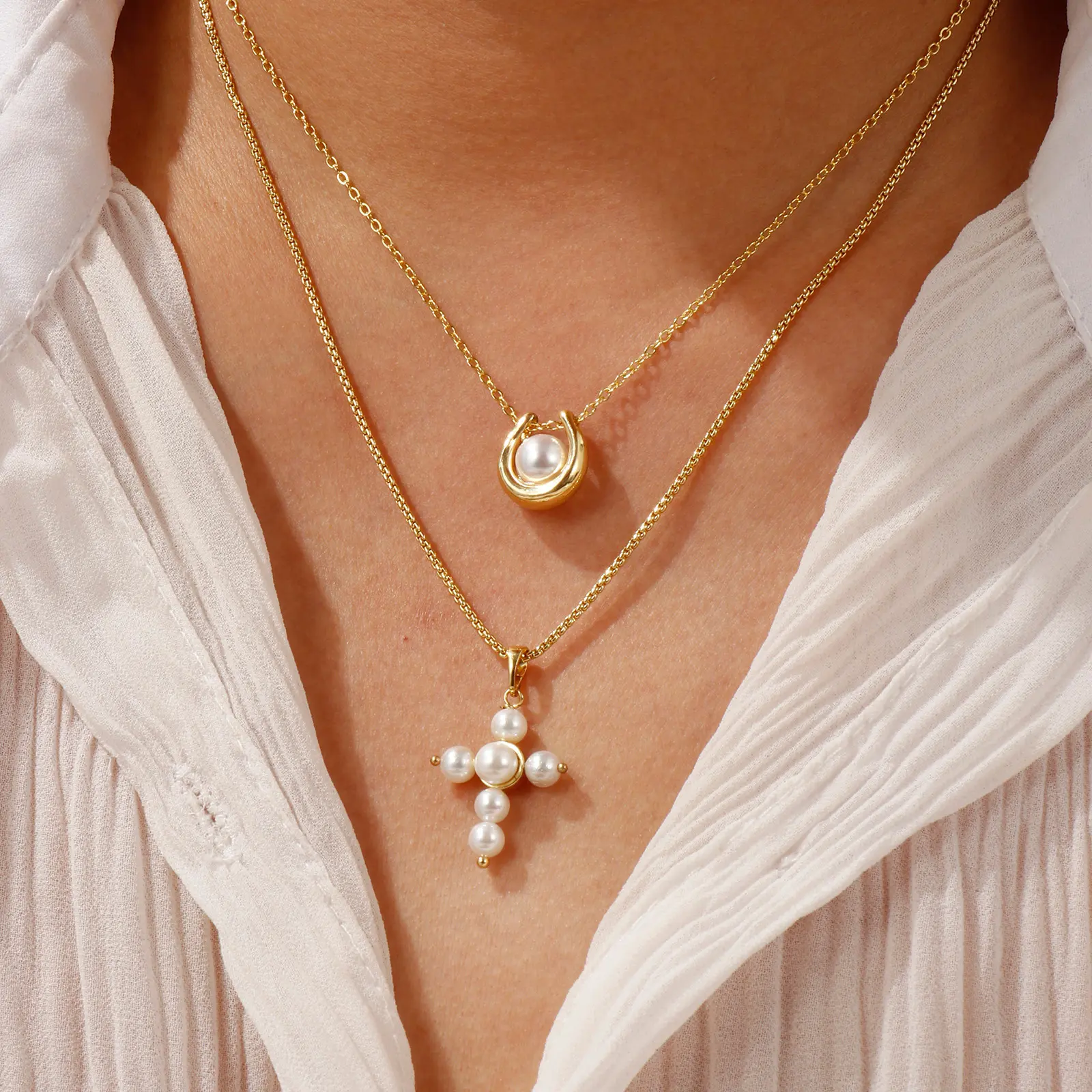 1 Piece Dainty Necklace 18K Gold Plated Pendant Charm Necklace Brass Imitation pearl Cross For Women Dainty Gift  45cm+5cm long