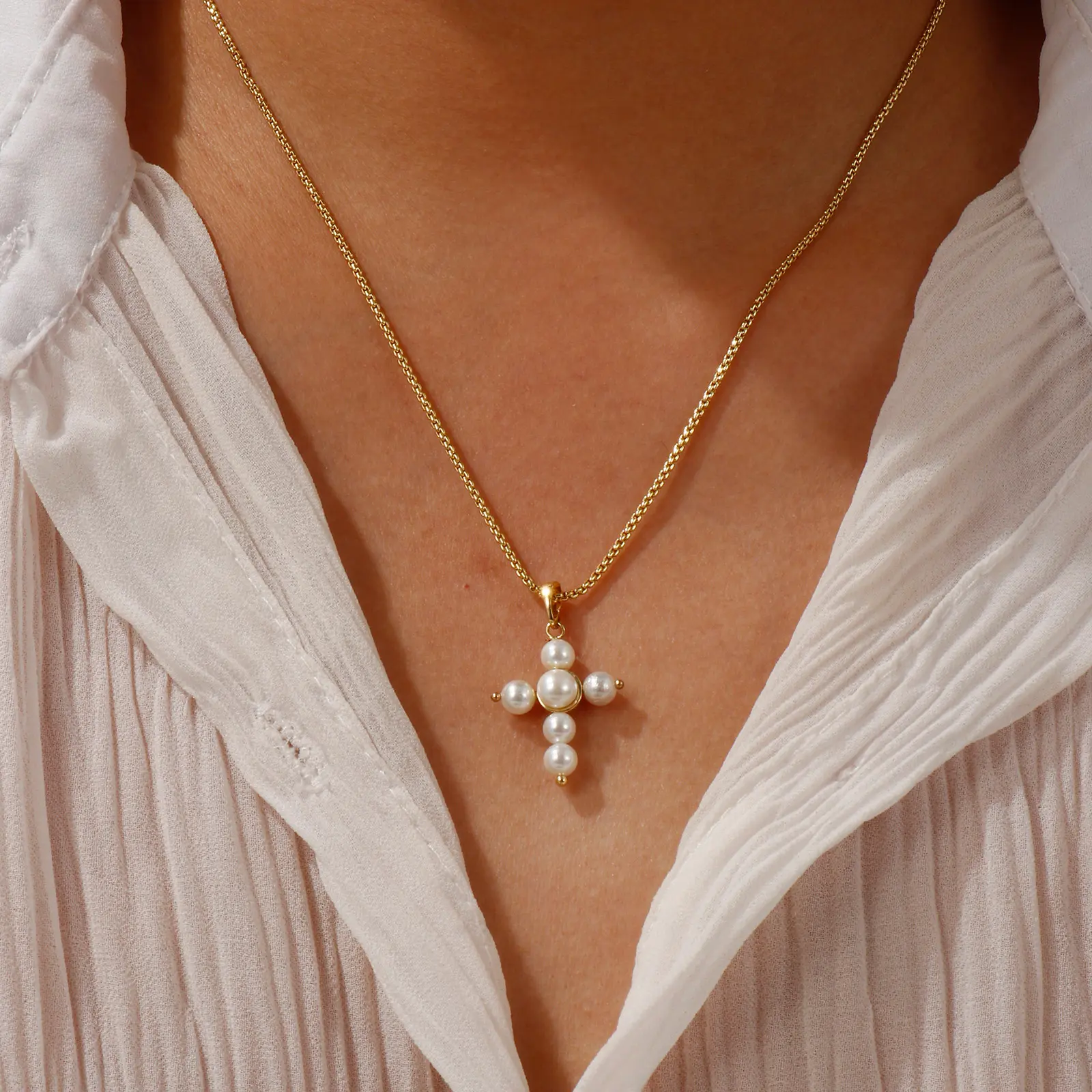 1 Piece Dainty Necklace 18K Gold Plated Pendant Charm Necklace Brass Imitation pearl Cross For Women Dainty Gift  45cm+5cm long