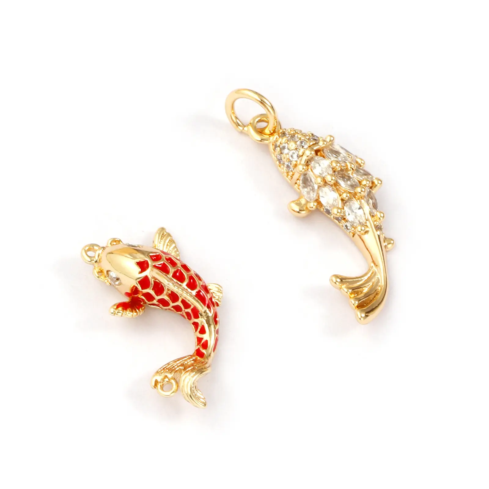 1 Piece Brass Ocean Jewelry Pendants Carp Fish 18K Gold Plated Enamel Lucky Fish 3D Red Cubic Zirconia For DIY Necklace Making