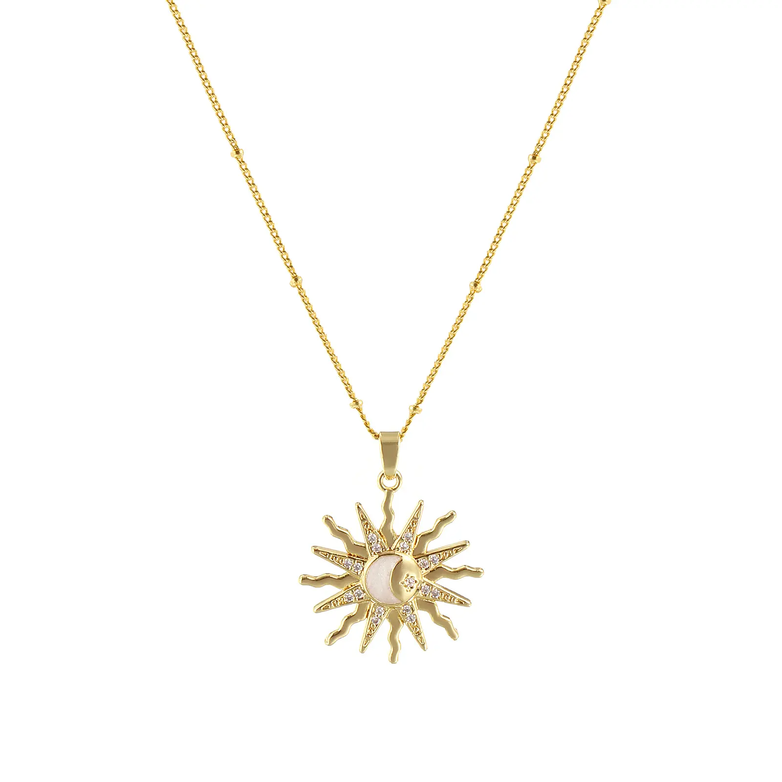 1 Piece Exquisite Galaxy 18K Gold Plated White Brass & Cubic Zirconia Curb Link Chain Sun Enamel Pendant Necklace For Women Gift