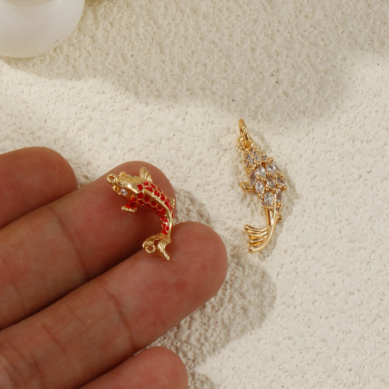 1 Piece Brass Ocean Jewelry Pendants Carp Fish 18K Gold Plated Enamel Lucky Fish 3D Red Cubic Zirconia For DIY Necklace Making