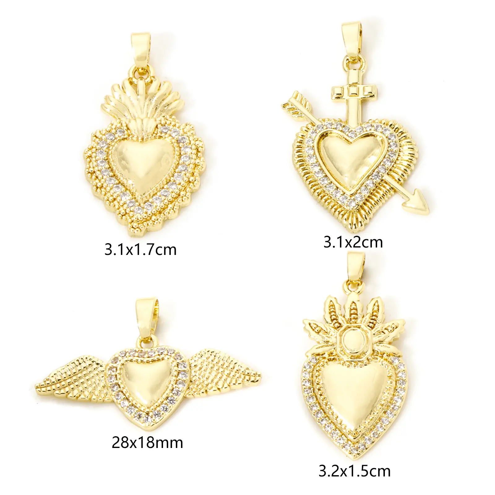 2 PCs Brass Religious Pendants Real Gold Plated Ex Voto Heart Micro Pave Clear Cubic Zirconia For DIY Neckalce Jewelry Making