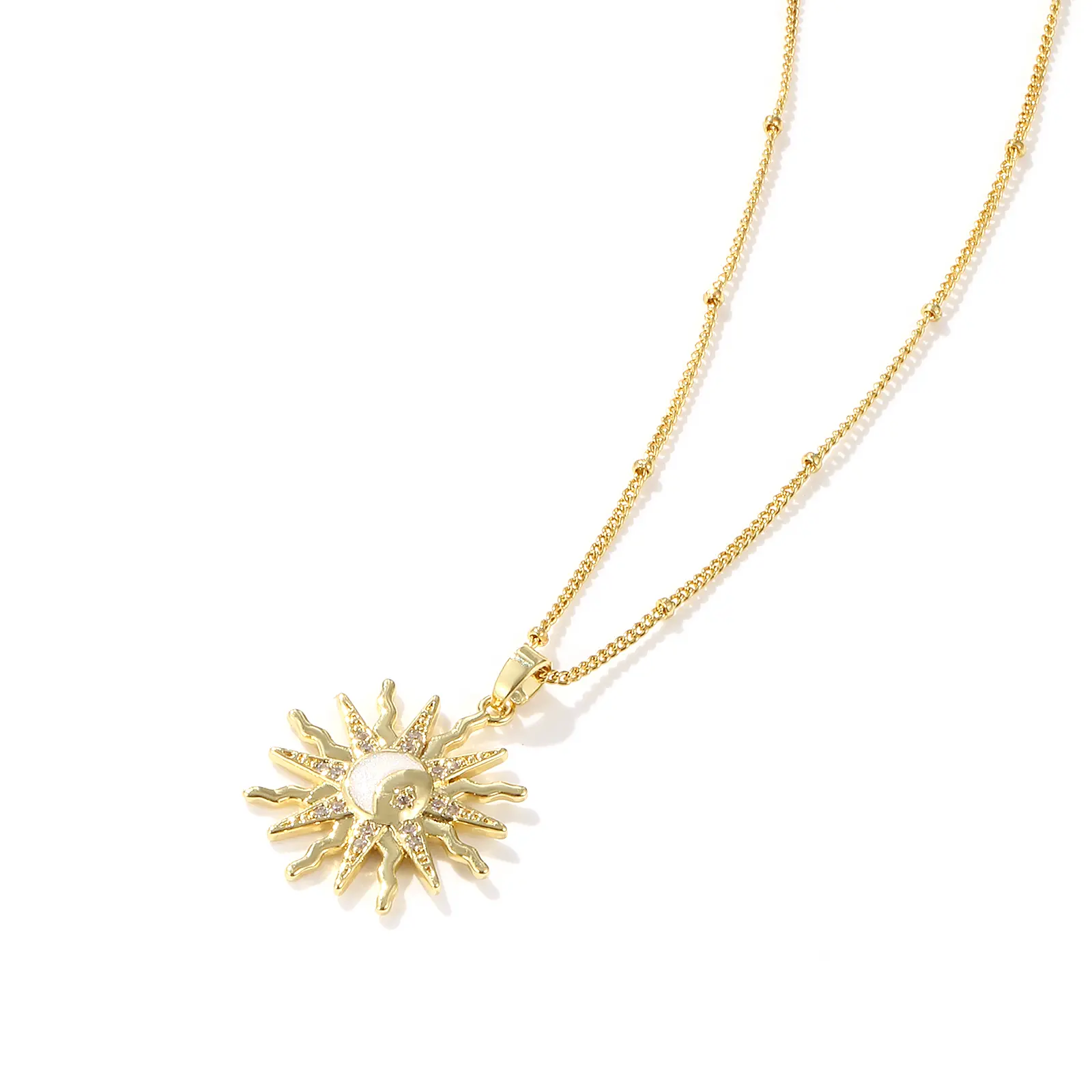 1 Piece Exquisite Galaxy 18K Gold Plated White Brass & Cubic Zirconia Curb Link Chain Sun Enamel Pendant Necklace For Women Gift