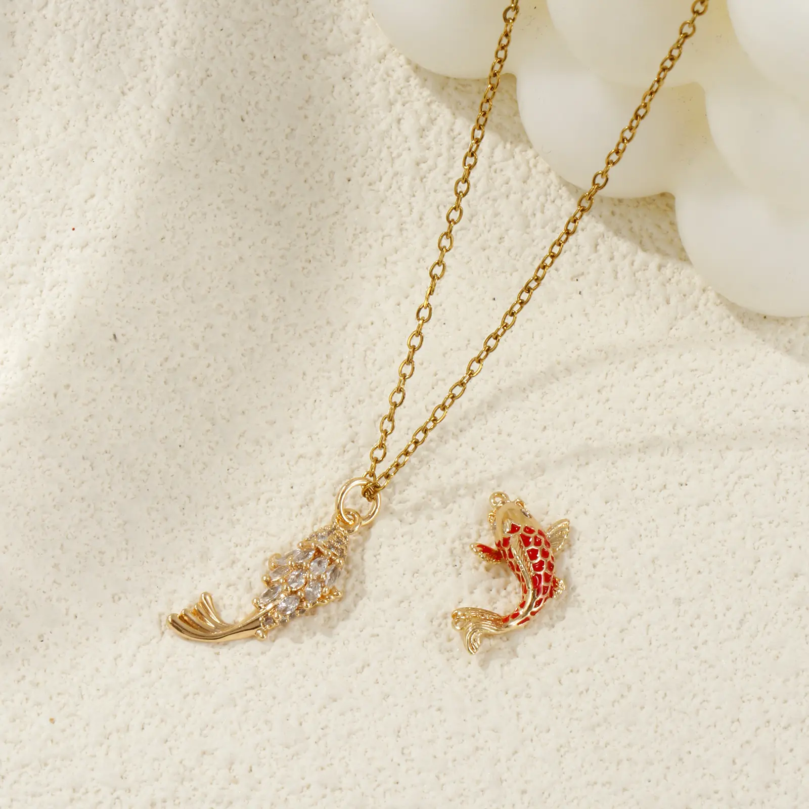 1 Piece Brass Ocean Jewelry Pendants Carp Fish 18K Gold Plated Enamel Lucky Fish 3D Red Cubic Zirconia For DIY Necklace Making