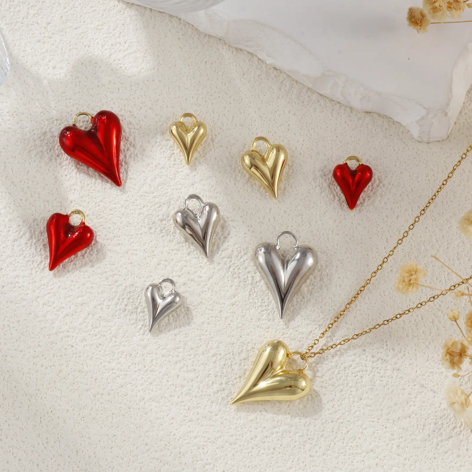 1 Piece Brass Valentine's Day Charms Real Gold Plated Heart 3D Red Hearts Pendant For DIY Necklace Bracelet Jewelry Making