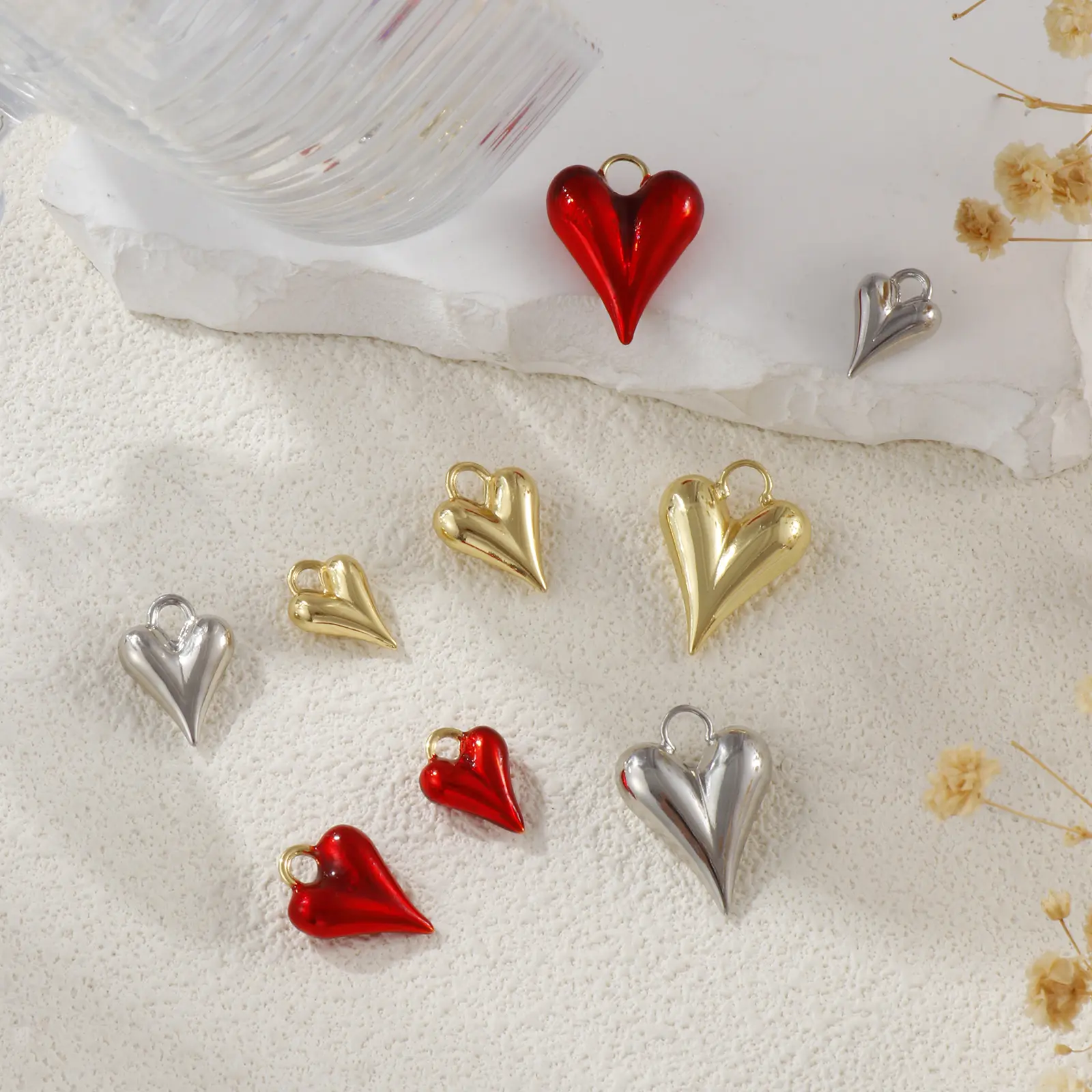 1 Piece Brass Valentine's Day Charms Real Gold Plated Heart 3D Red Hearts Pendant For DIY Necklace Bracelet Jewelry Making