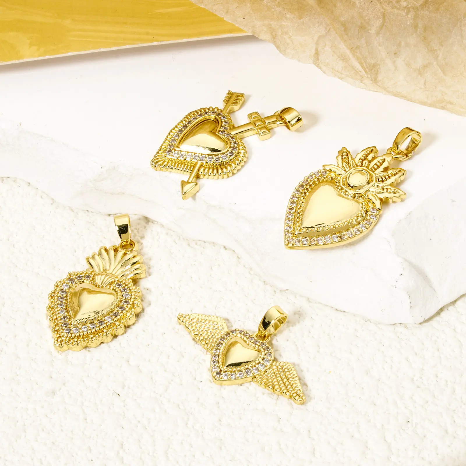 2 PCs Brass Religious Pendants Real Gold Plated Ex Voto Heart Micro Pave Clear Cubic Zirconia For DIY Neckalce Jewelry Making