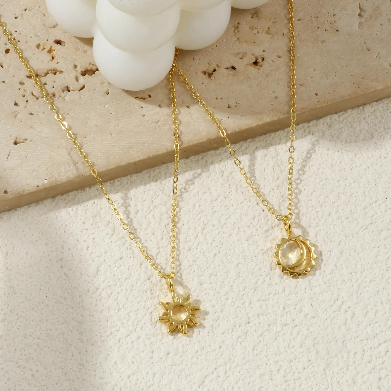 Sun Moon Pendant Charm Necklace Brass 18K Gold Plated Link Cable Chain 46cm(18.1") + 6cm(2.4") For Women Exquisite Galaxy Gift