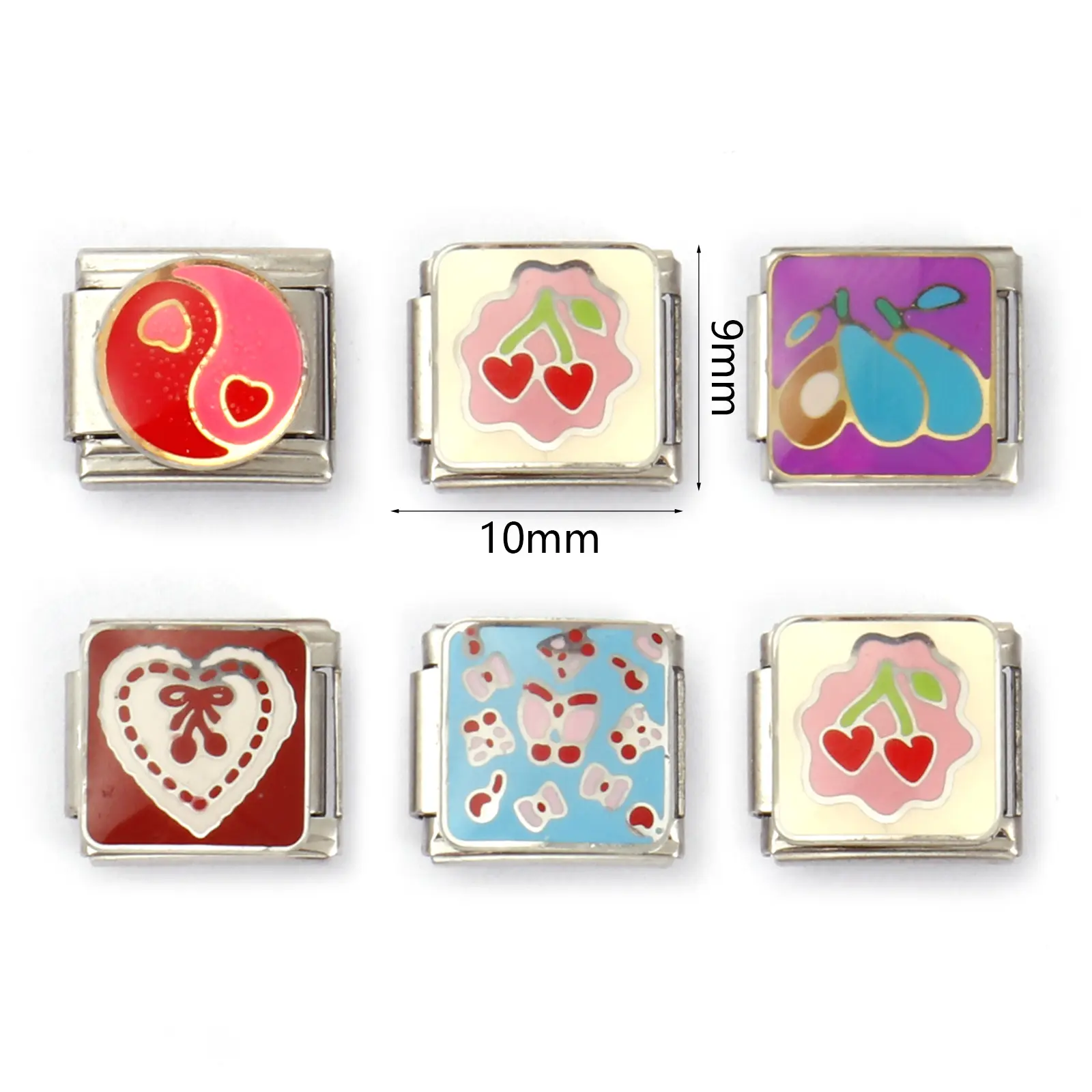 2 Piece 304 Stainless Steel Italian Charm Links Rectangle Heart Bowknot Cherry For DIY Bracelet Jewelry Making Fit 9mm