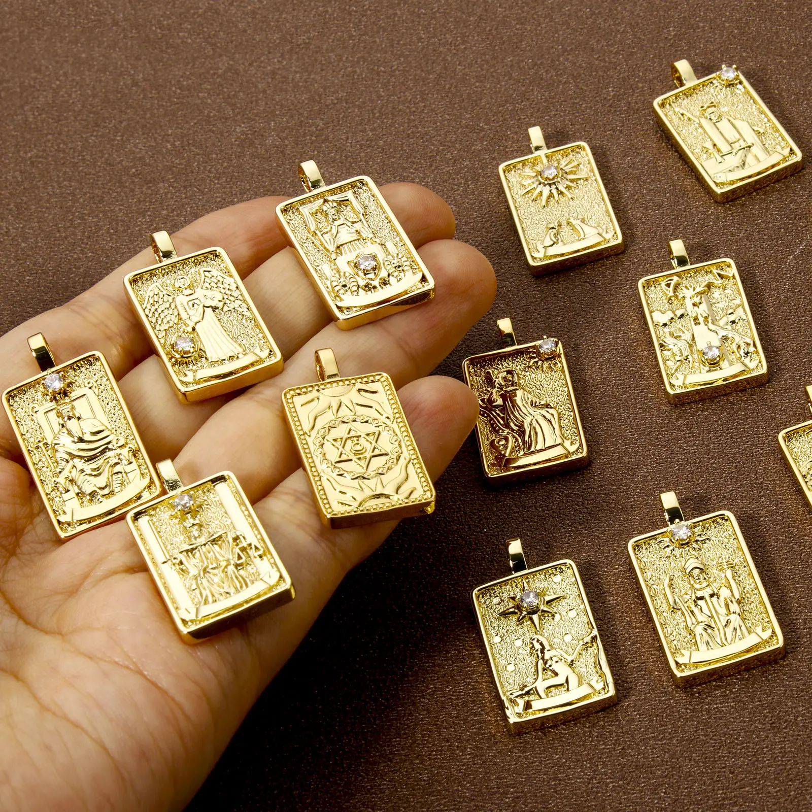 1 Piece Brass Tarot Pendants 18K Real Gold Plated Rectangle Double Sided Charms For DIY Jewelry Necklace Making 3cm x 1.5cm