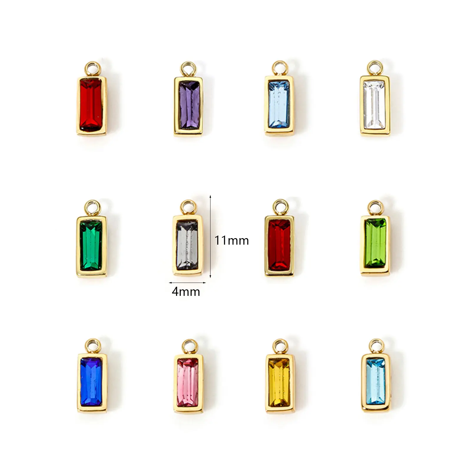 1 Piece 304 Stainless Steel Birthstone Charms 14K Gold Plated Rectangle Mini Cubic Zirconia Pendants For DIY Jewlery Making