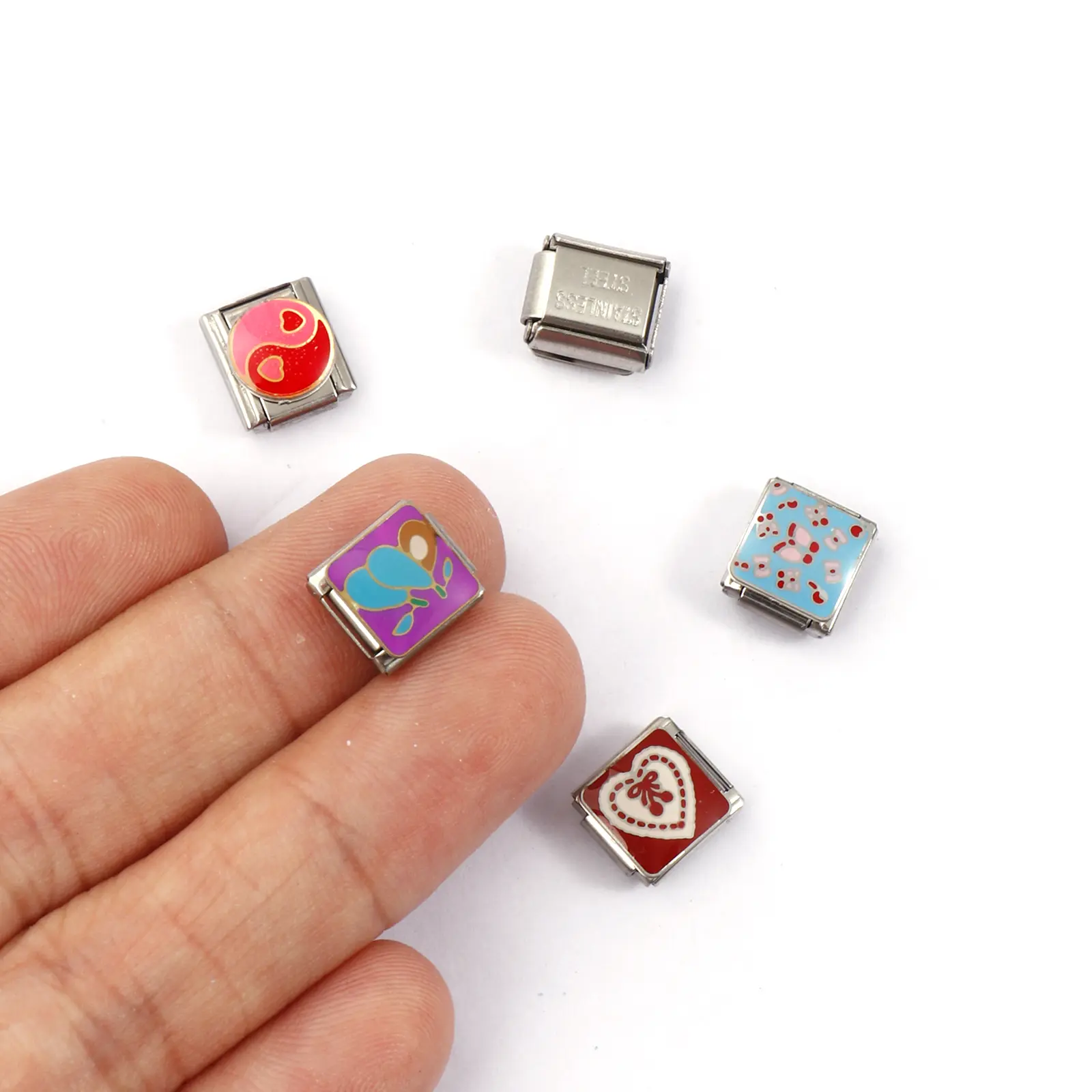 2 Piece 304 Stainless Steel Italian Charm Links Rectangle Heart Bowknot Cherry For DIY Bracelet Jewelry Making Fit 9mm