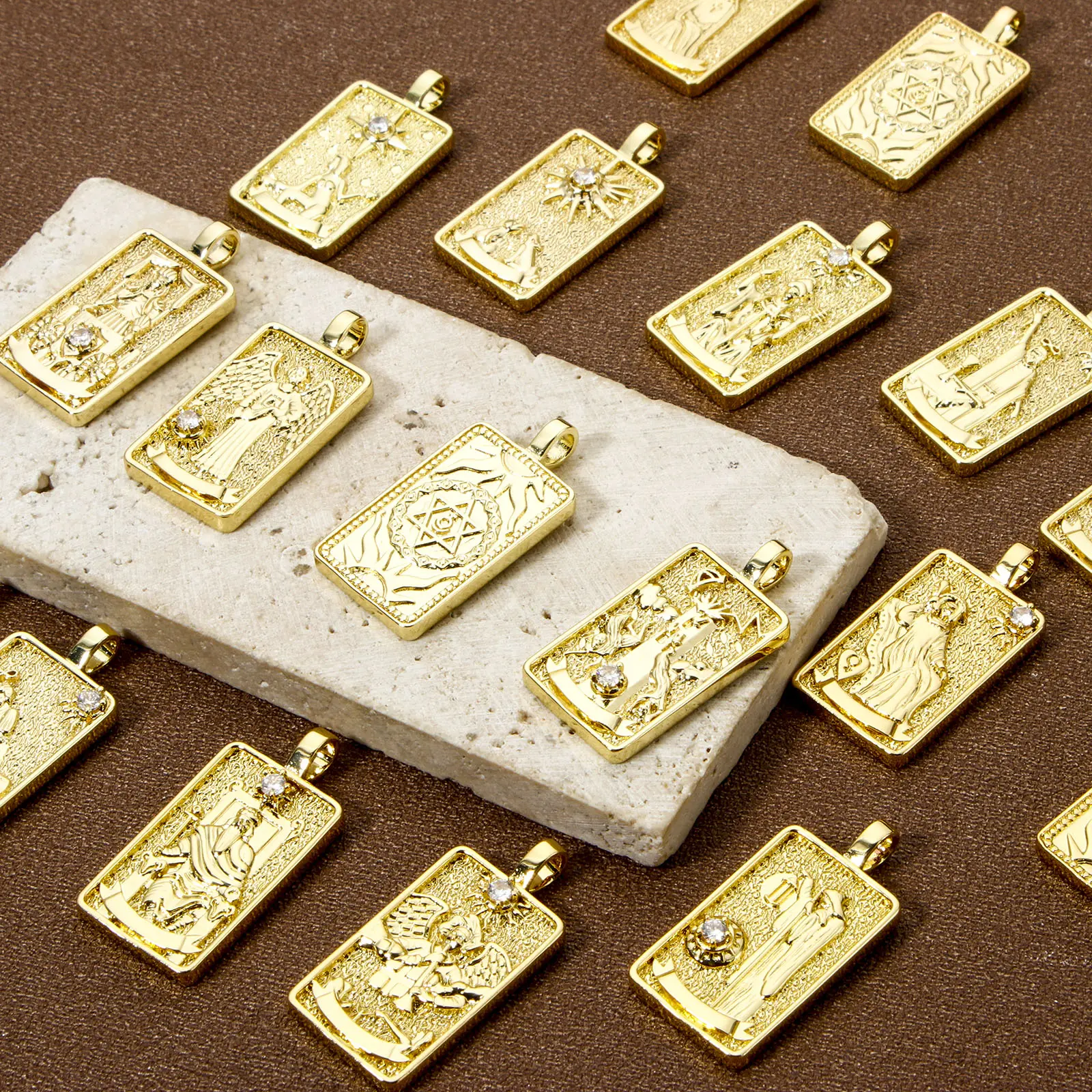 1 Piece Brass Tarot Pendants 18K Real Gold Plated Rectangle Double Sided Charms For DIY Jewelry Necklace Making 3cm x 1.5cm