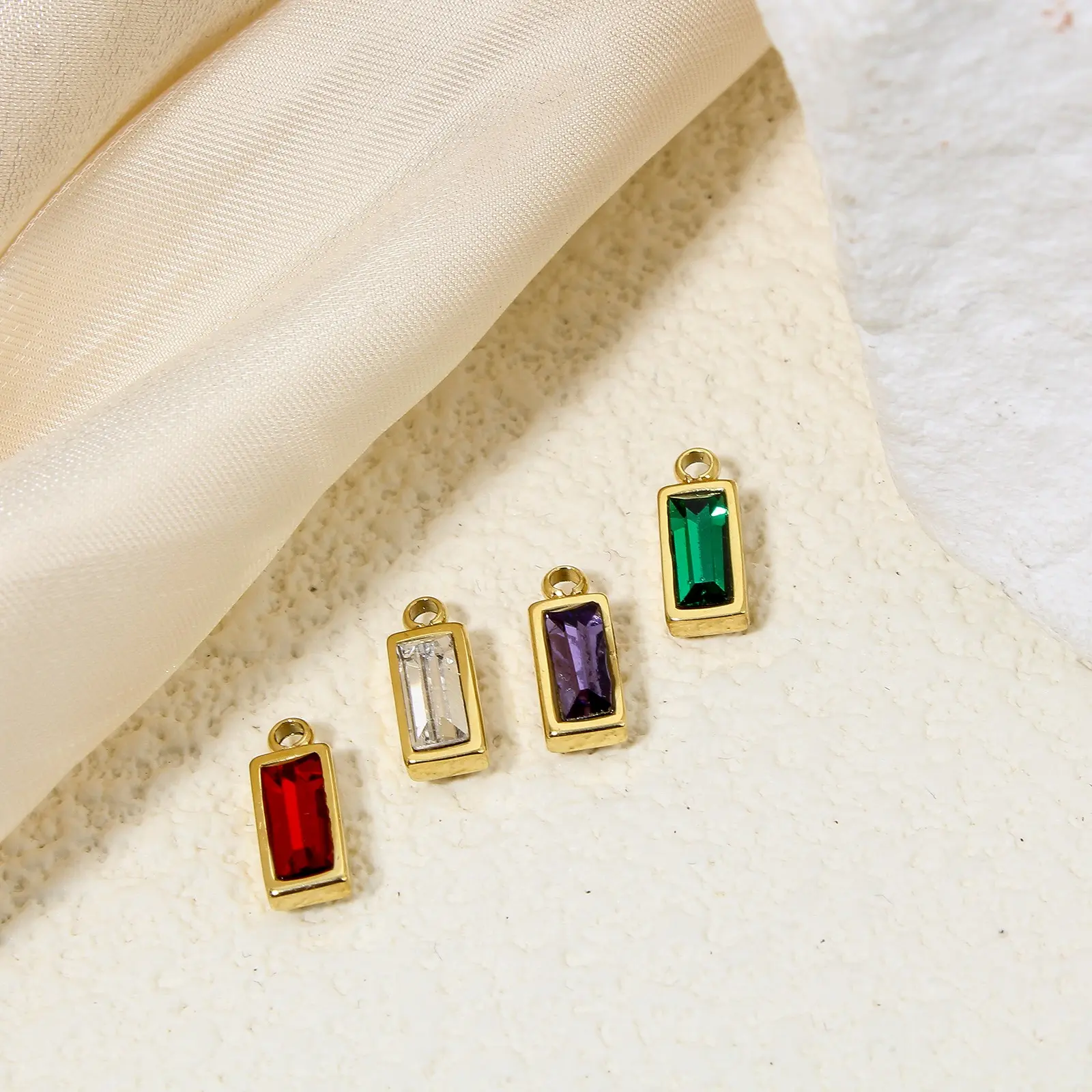 1 Piece 304 Stainless Steel Birthstone Charms 14K Gold Plated Rectangle Mini Cubic Zirconia Pendants For DIY Jewlery Making