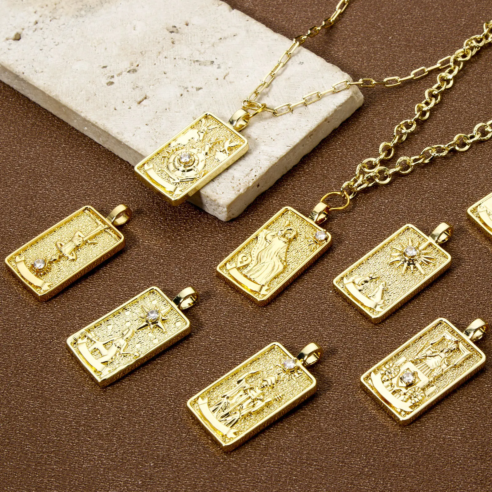 1 Piece Brass Tarot Pendants 18K Real Gold Plated Rectangle Double Sided Charms For DIY Jewelry Necklace Making 3cm x 1.5cm