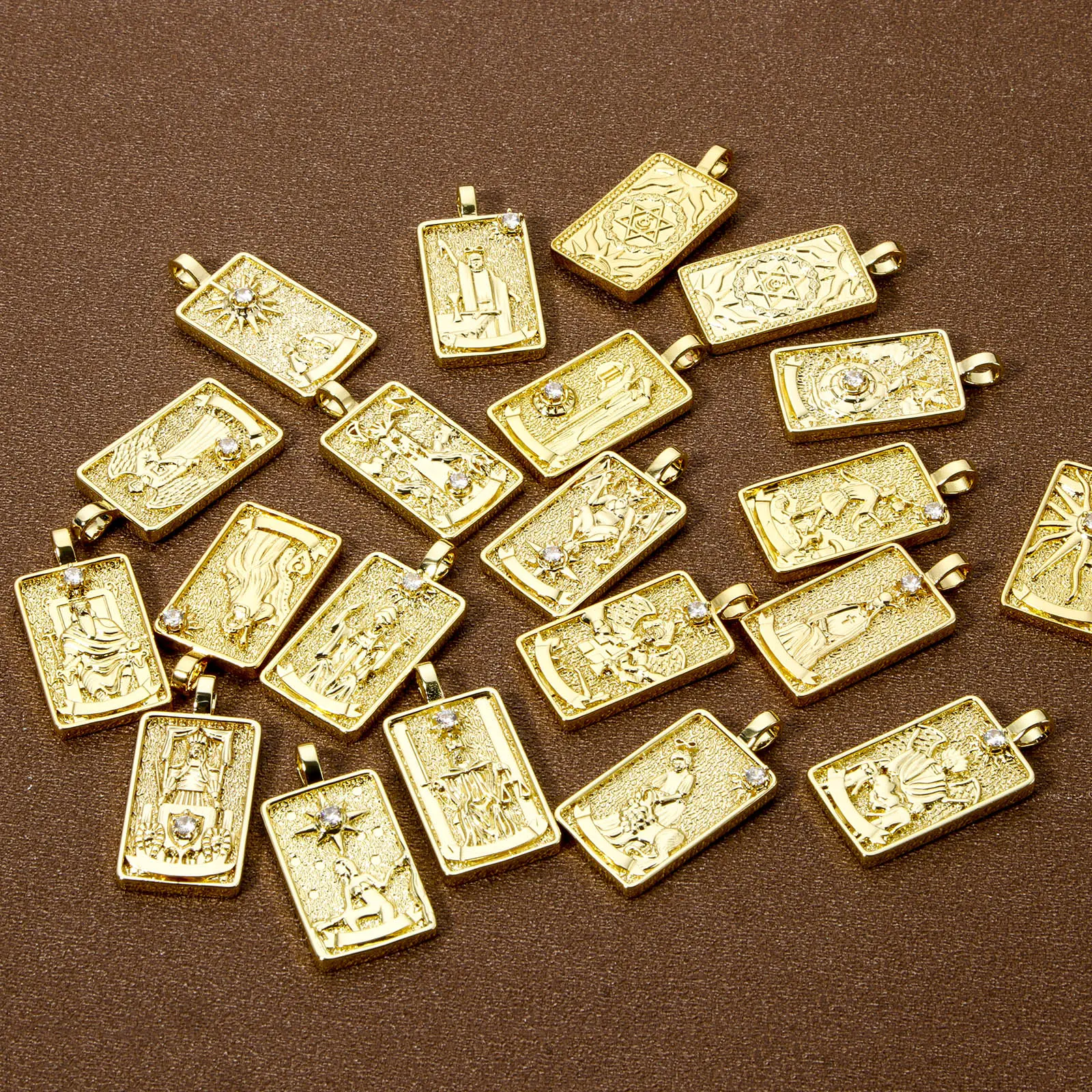 1 Piece Brass Tarot Pendants 18K Real Gold Plated Rectangle Double Sided Charms For DIY Jewelry Necklace Making 3cm x 1.5cm
