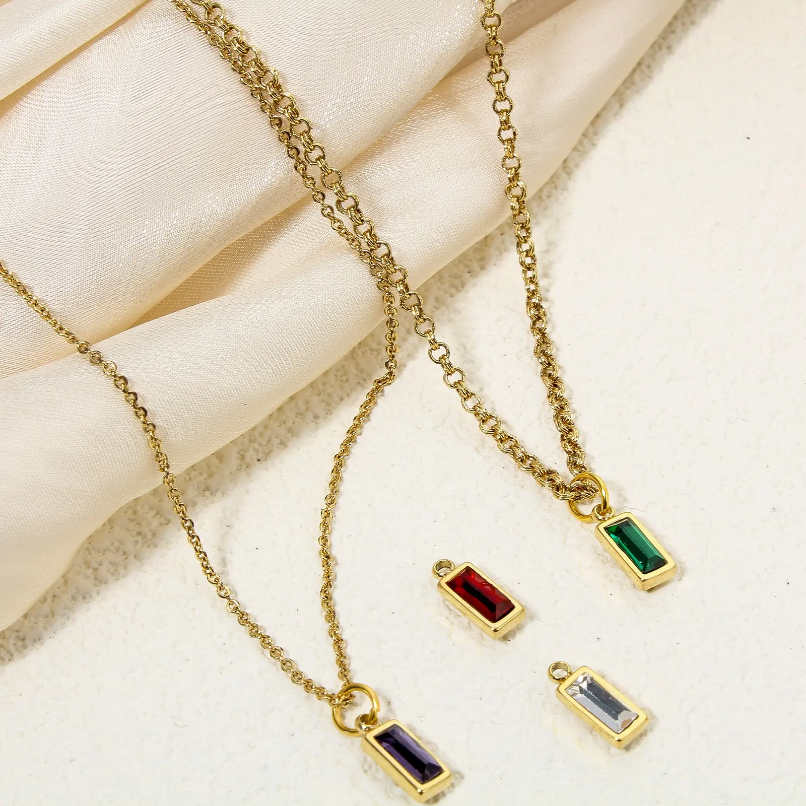 1 Piece 304 Stainless Steel Birthstone Charms 14K Gold Plated Rectangle Mini Cubic Zirconia Pendants For DIY Jewlery Making