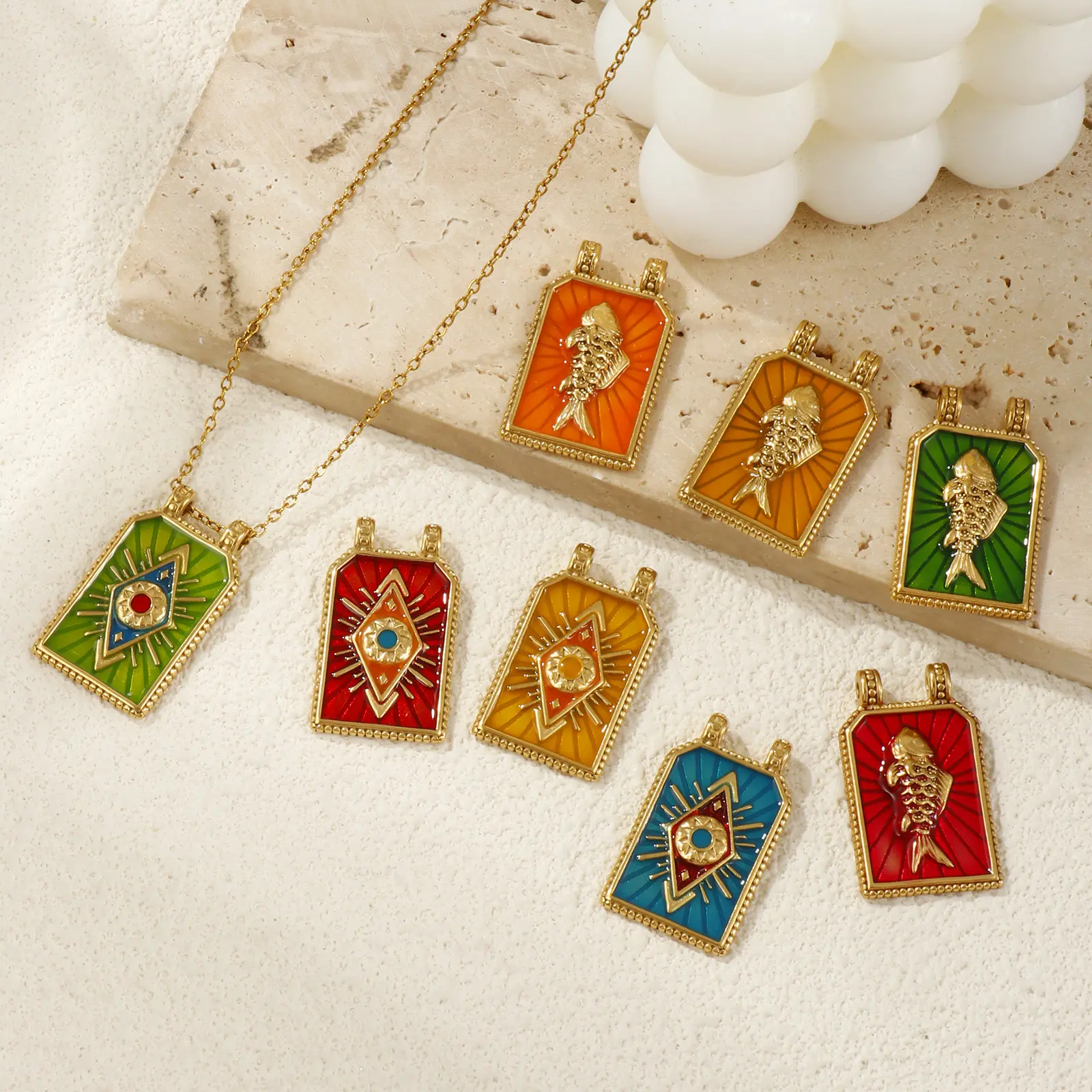 1 Piece 304 Stainless Steel Charms 18K Real Gold Plated Enamel Hexagon Fish Evil Eye Pendant For DIY Necklace Jewelry Making