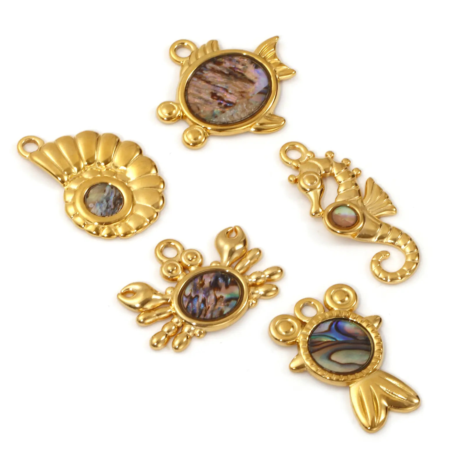 2 Pcs 304 Stainless Steel & Natural Shell Ocean Jewelry Charms 18k Real Gold Plated Conch Crab Seahorse Goldfish Pendant DIY