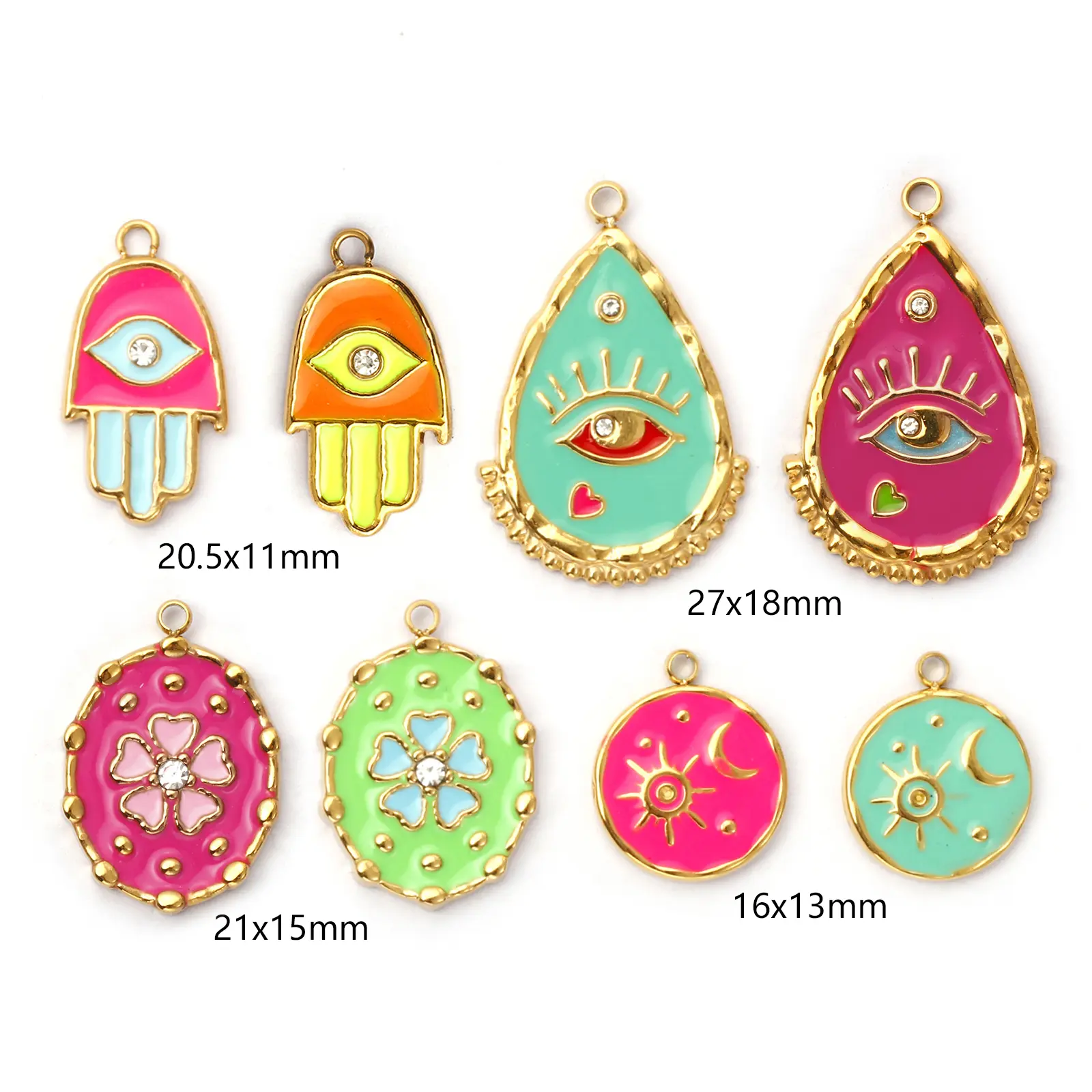 1 Piece 304 Stainless Steel Charms 18K Gold Plated Enamel Evil Eye Flower Sun Moon Pendant For DIY Necklace Jewelry Making