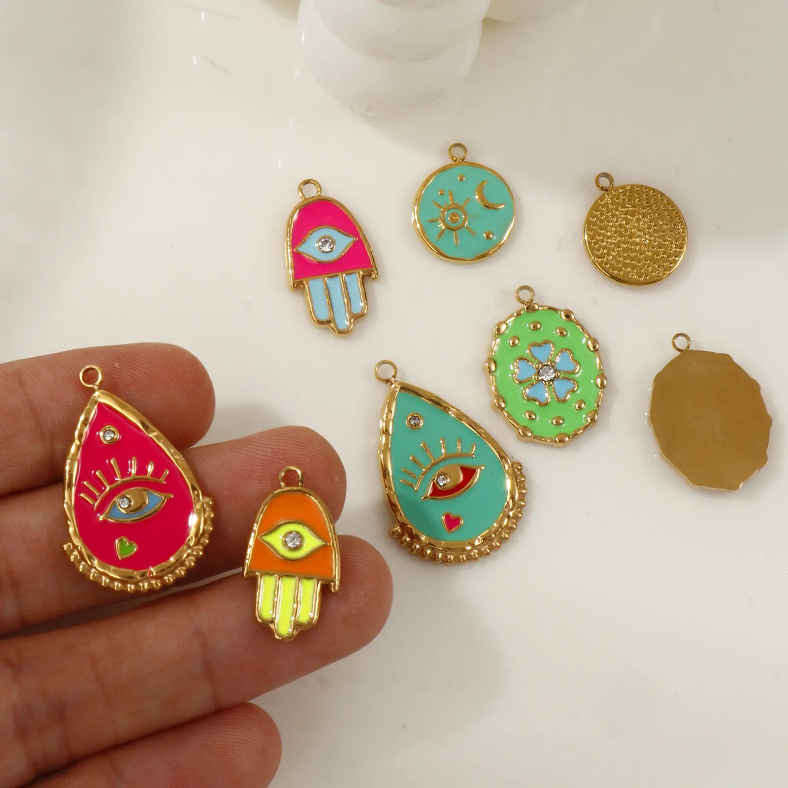 1 Piece 304 Stainless Steel Charms 18K Gold Plated Enamel Evil Eye Flower Sun Moon Pendant For DIY Necklace Jewelry Making