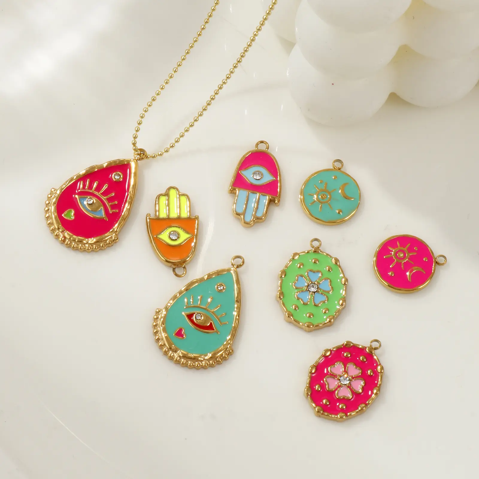 1 Piece 304 Stainless Steel Charms 18K Gold Plated Enamel Evil Eye Flower Sun Moon Pendant For DIY Necklace Jewelry Making