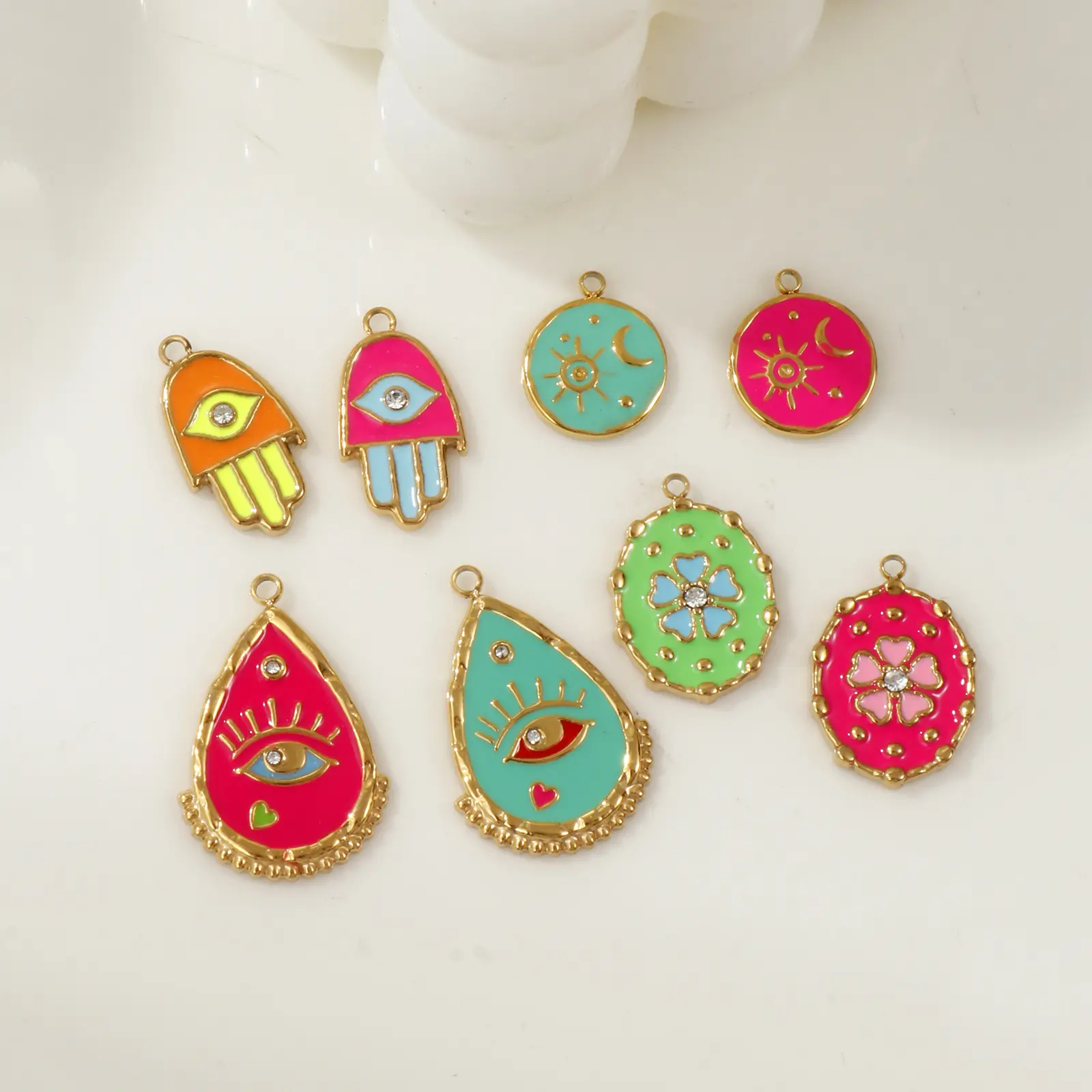 1 Piece 304 Stainless Steel Charms 18K Gold Plated Enamel Evil Eye Flower Sun Moon Pendant For DIY Necklace Jewelry Making